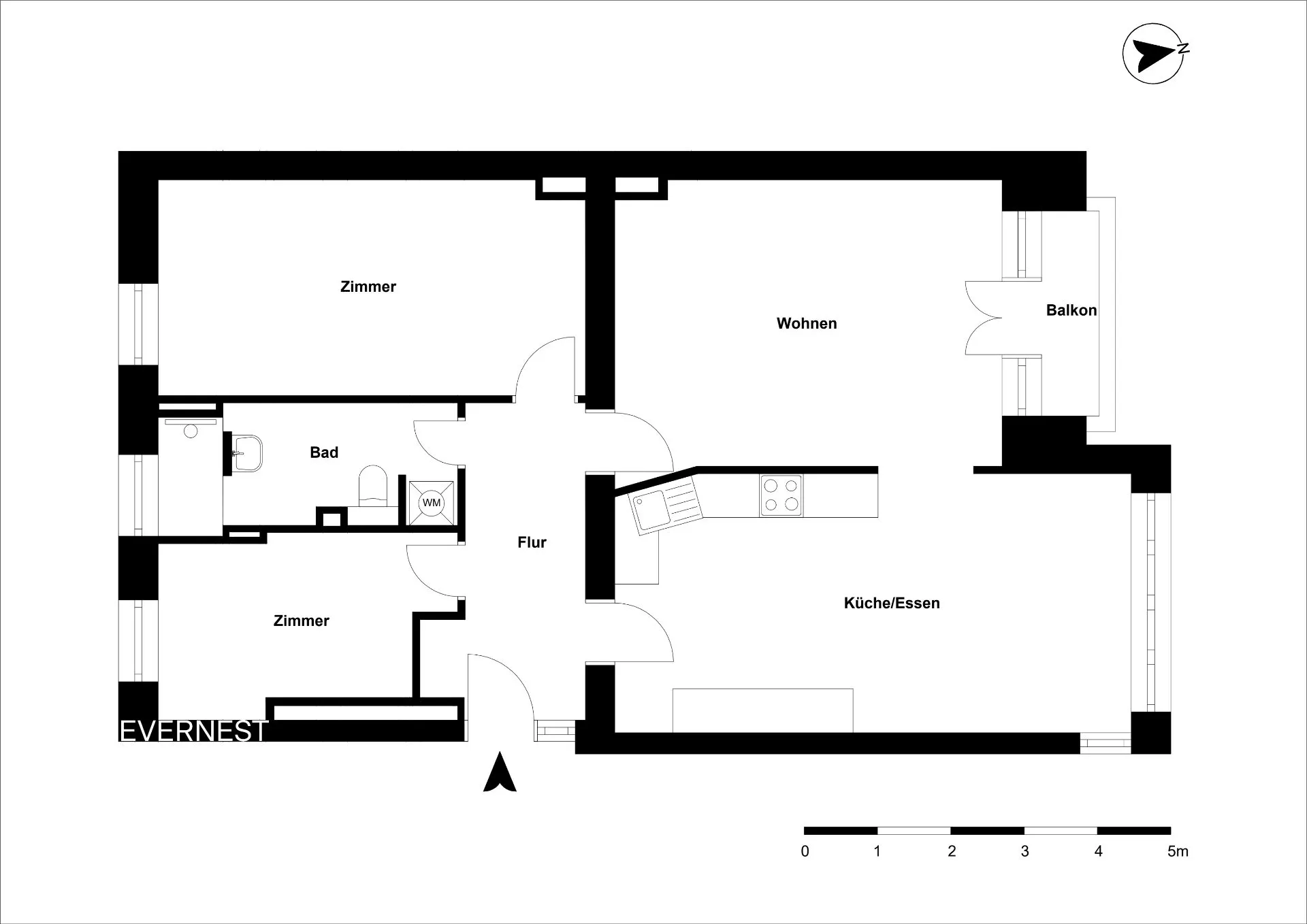 Wohnungsgrundriss mit zwei Zimmern, Wohnzimmer, Küche/Essbereich, Bad, Flur und Balkon.
