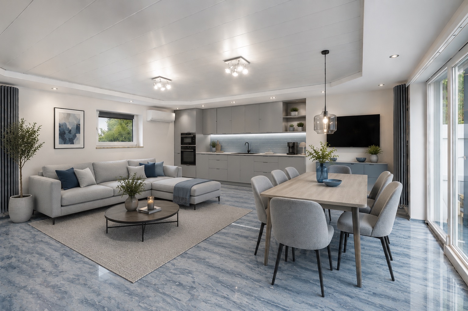 Helles Wohnzimmer mit Sofa, Esstisch, offener Küche und großen Fenstern.