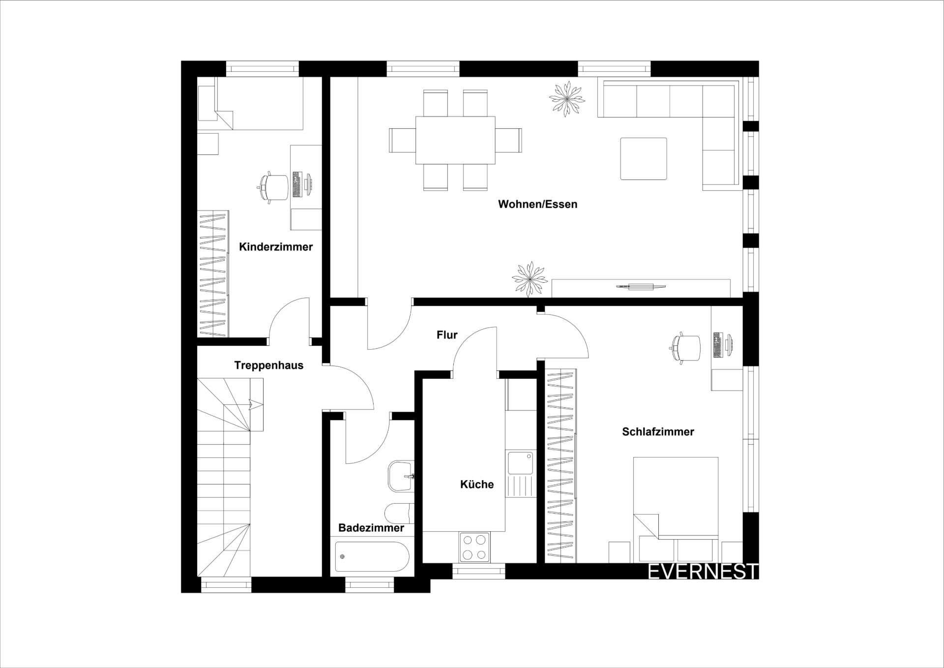 Grundriss einer Wohnung mit Schlafzimmer, Kinderzimmer, Bad, Küche, Flur und Wohn-Essbereich.