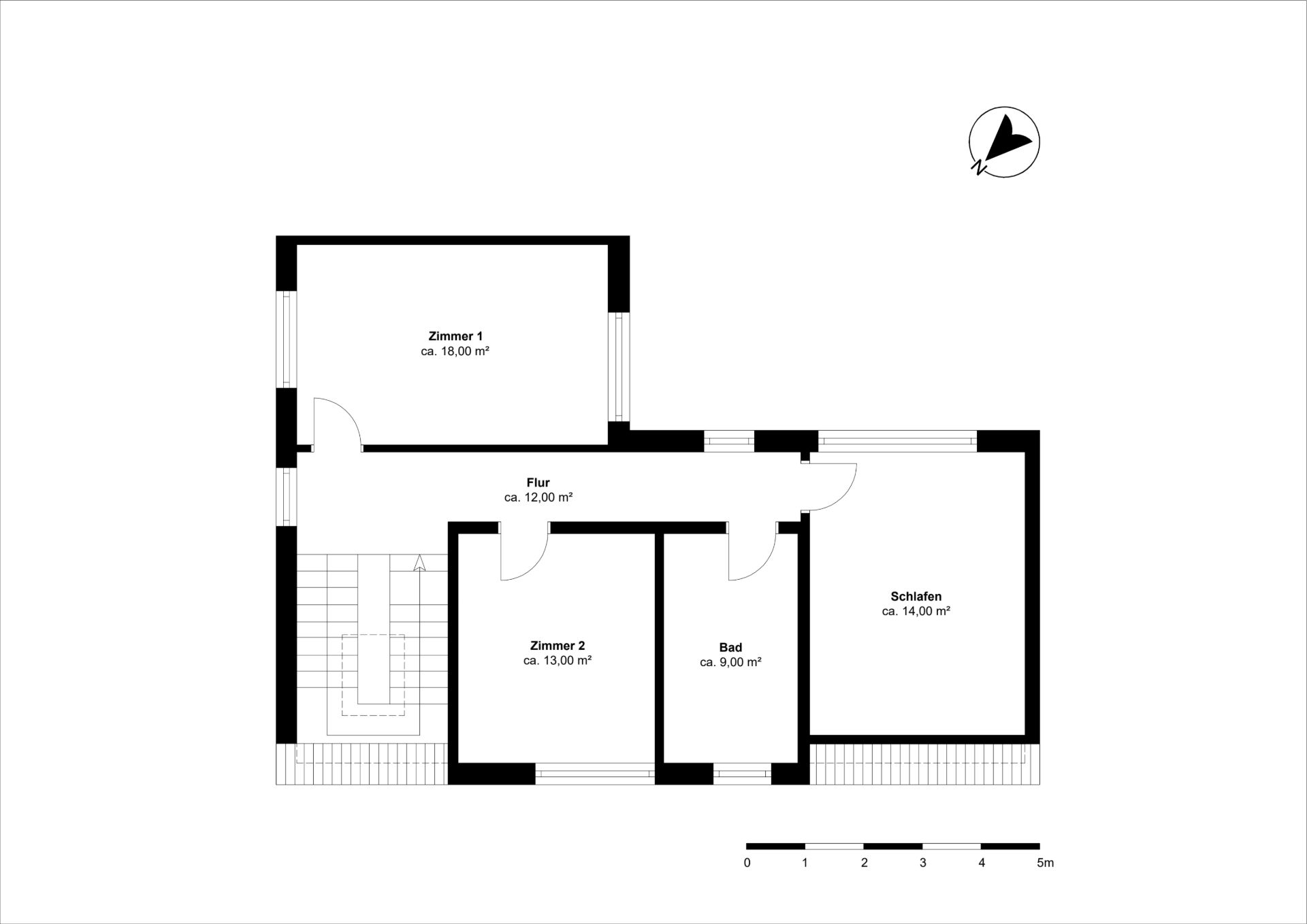 Grundriss einer Wohnung mit Flur, zwei Zimmern, Bad und Schlafraum.