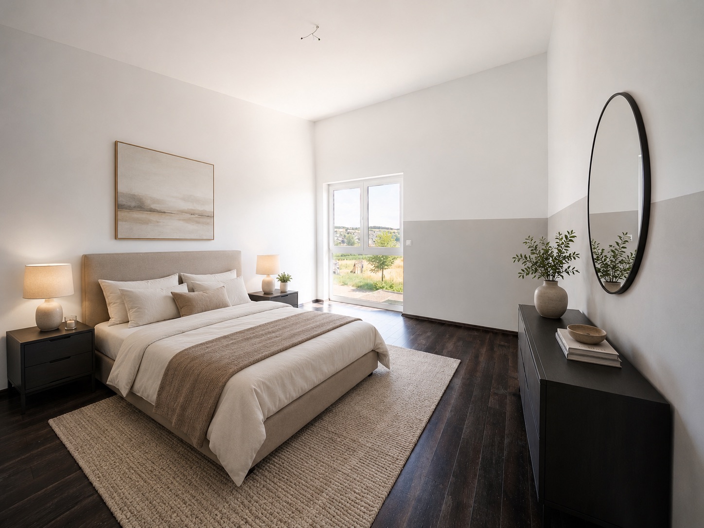 Helles Schlafzimmer mit Doppelbett, Nachttischen, Kommode und großem Fenster.