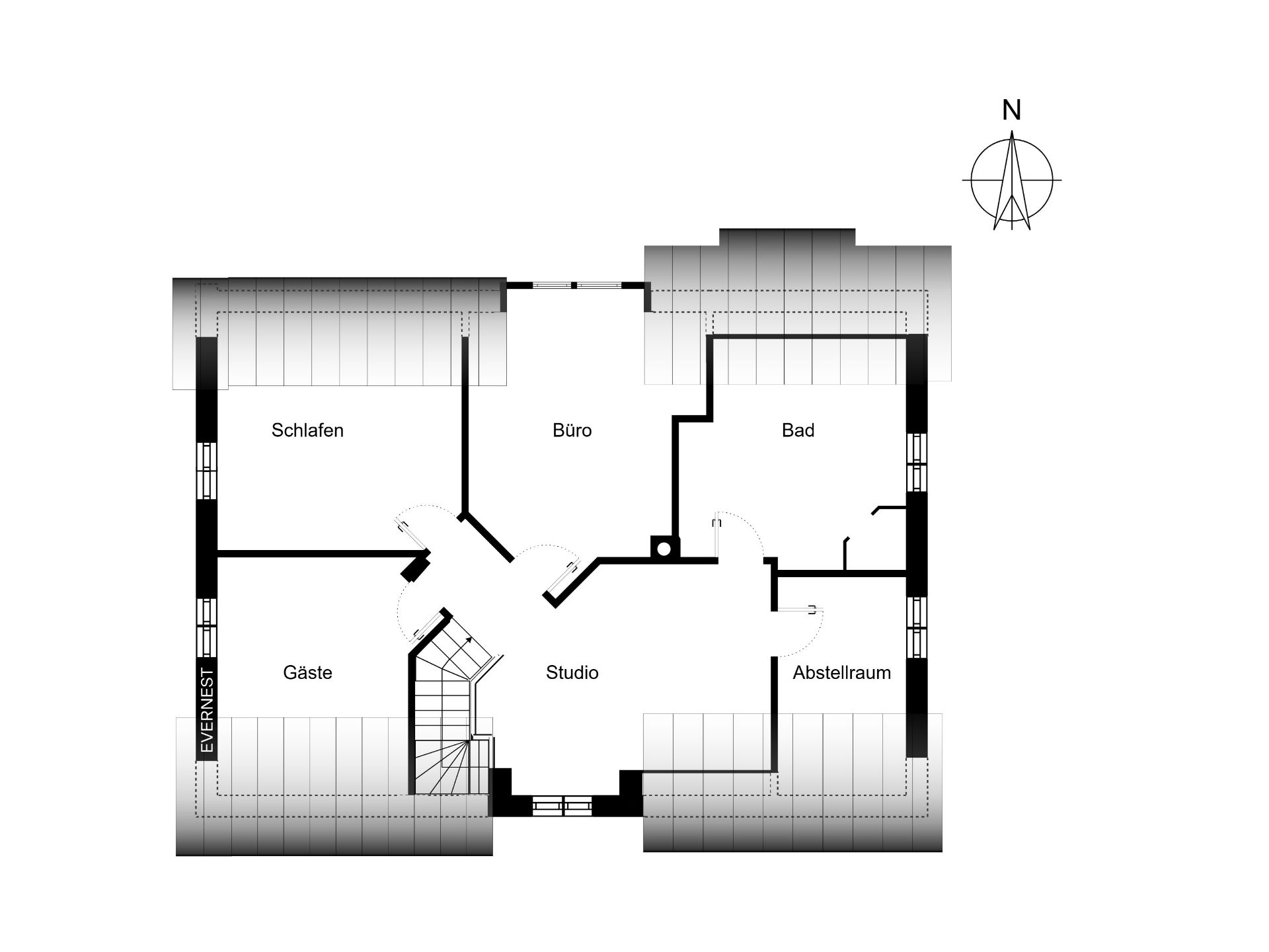 Grundriss mit Schlaf-, Gäste-, Büro-, Studio-, Bad- und Abstellraum.
