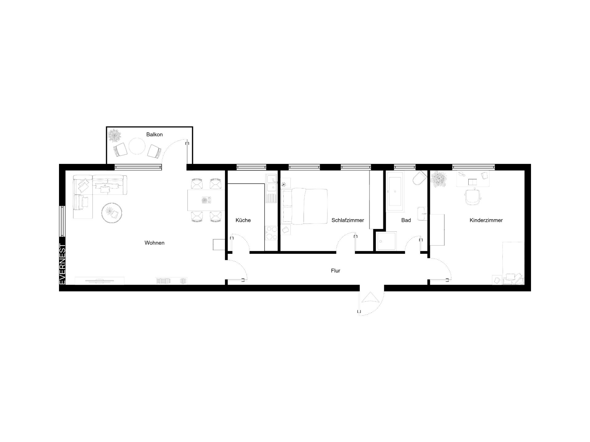 Grundriss einer Wohnung mit Wohnzimmer, Küche, Schlafzimmer, Bad, Kinderzimmer und Balkon.