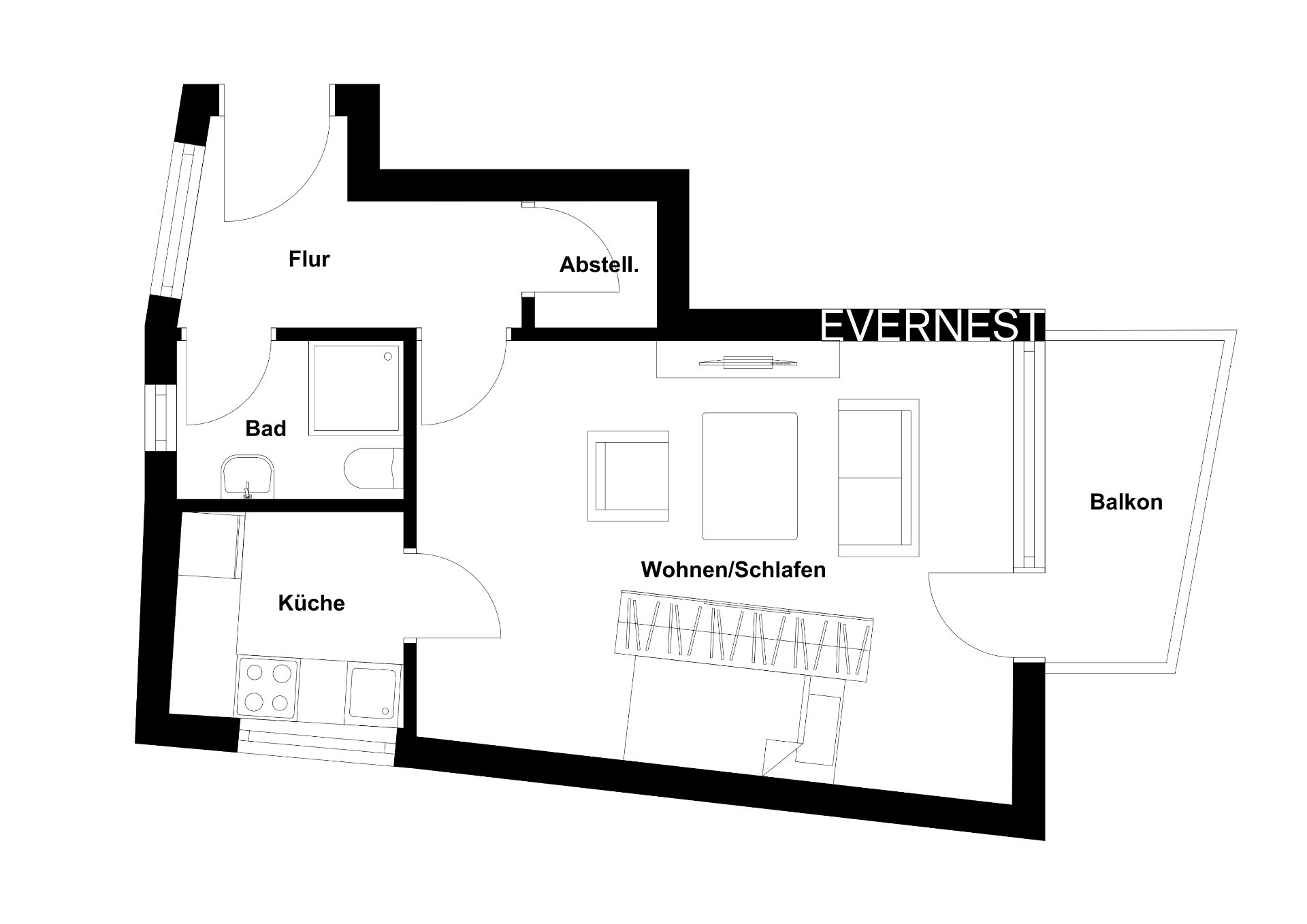 Grundriss einer Wohnung mit Küche, Bad, Flur, Abstellraum, Wohn-/Schlafbereich und Balkon.