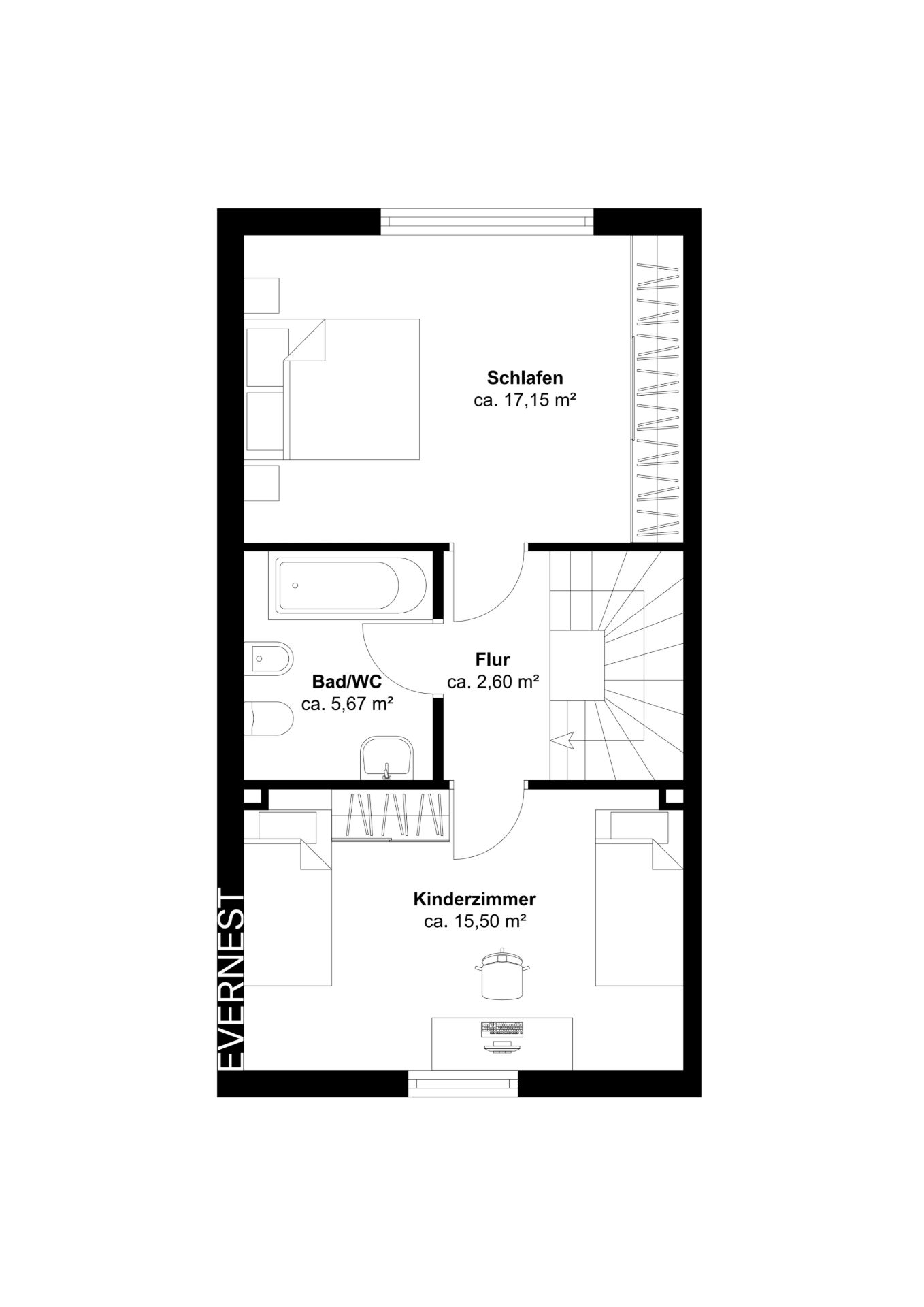 Grundriss mit Schlafzimmer, Kinderzimmer, Bad/WC und Flur.
