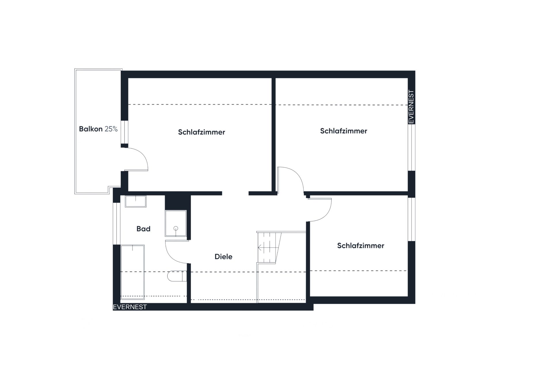 Grundriss mit drei Schlafzimmern, Bad, Diele und einem Balkon.