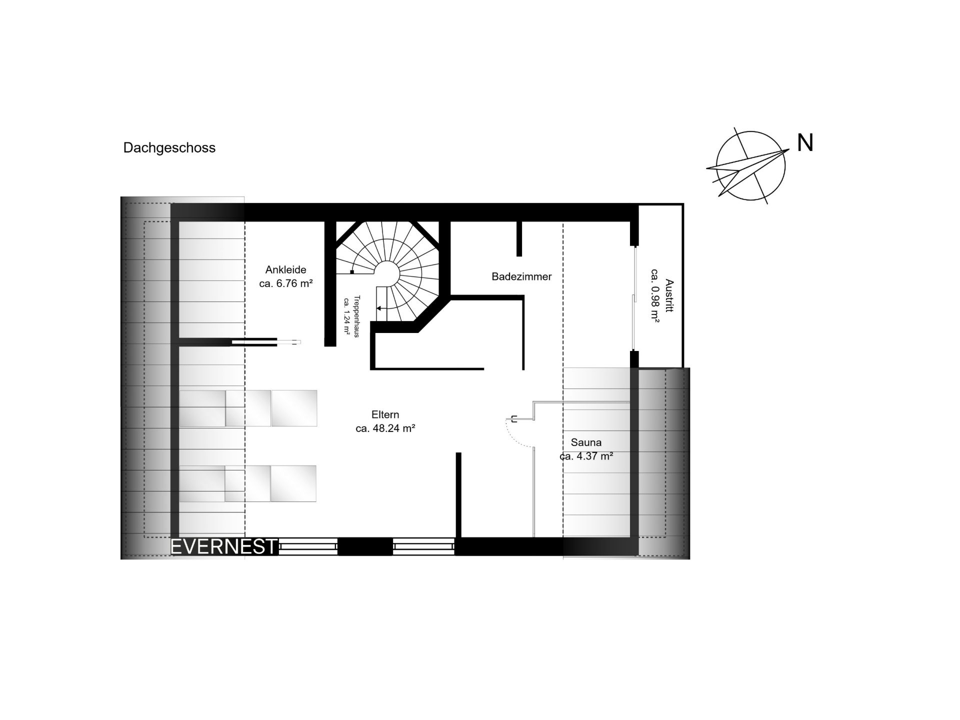 Grundriss eines Dachgeschosses mit Elternschlafzimmer, Ankleide, Bad und Sauna.