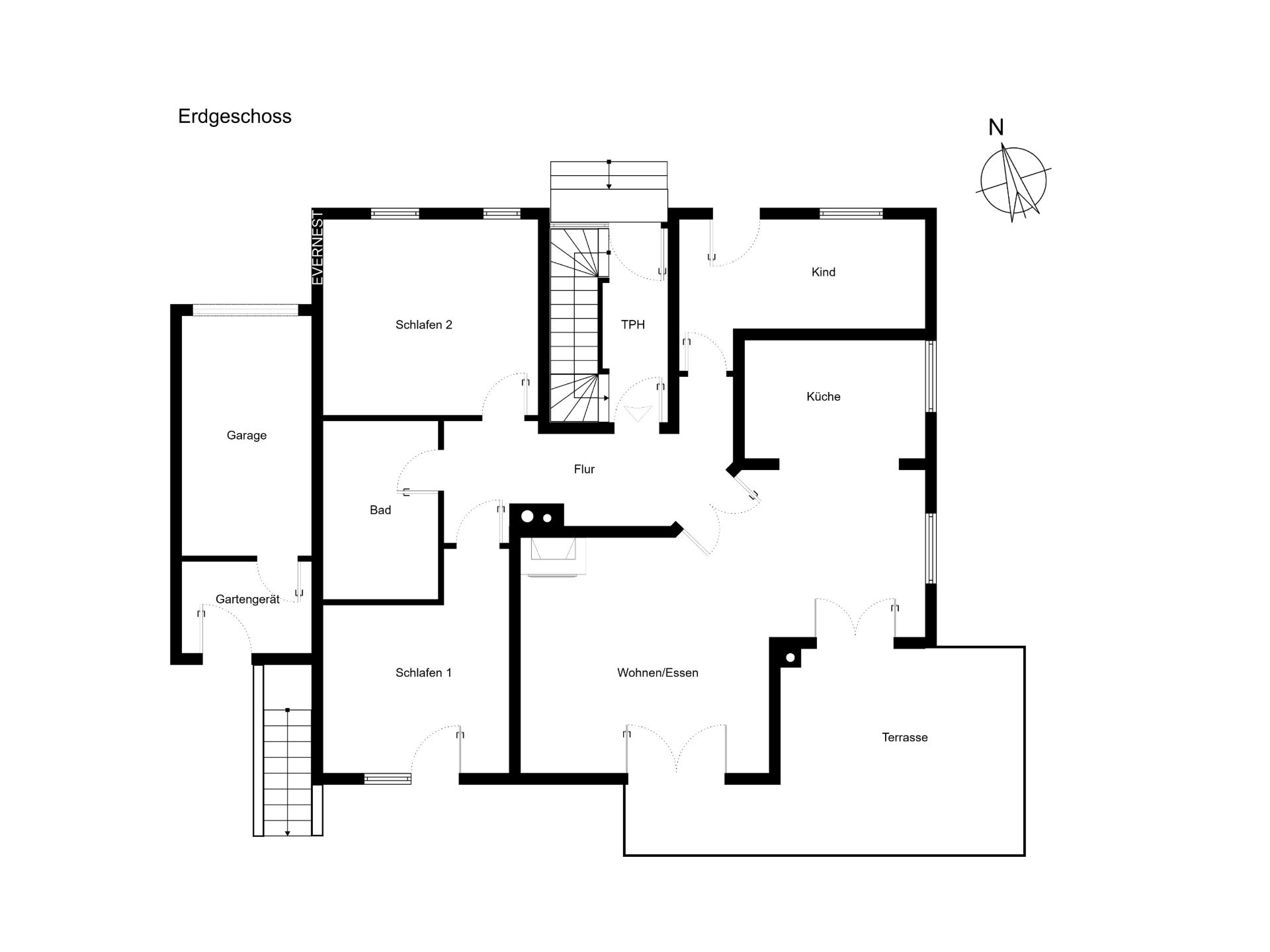 Grundriss des Erdgeschosses mit Garage, Schlafzimmern, Bad, Küche, Wohnzimmer und Terrasse.