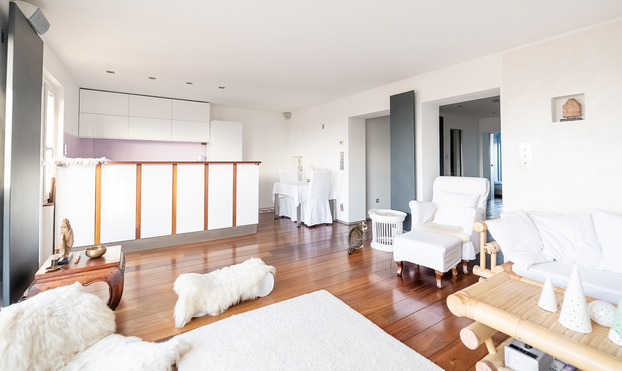 Helles Wohnzimmer mit Holzboden, weißen Möbeln und offener Küche. Eine Katze sitzt auf dem Boden.