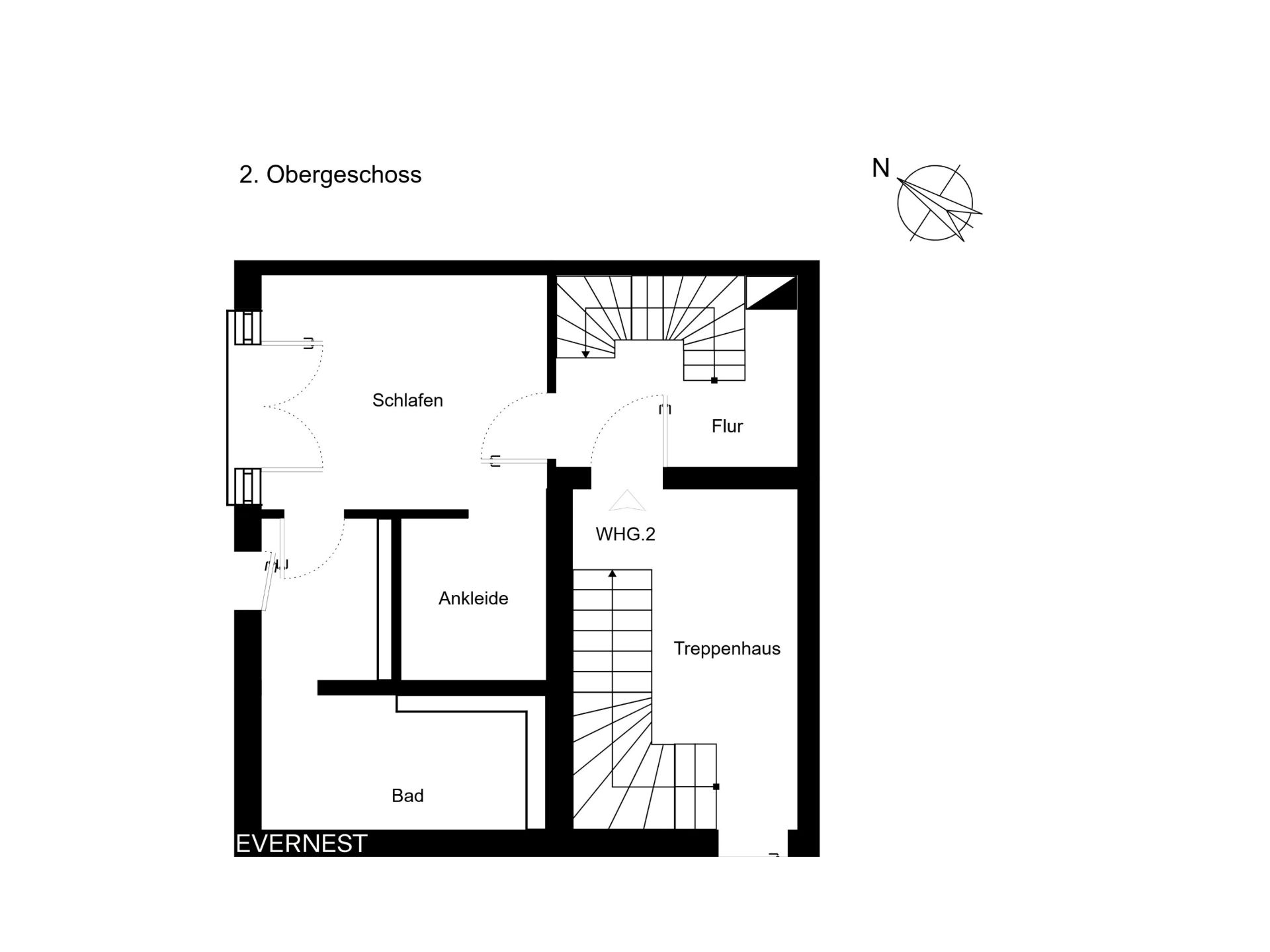 Grundriss eines Obergeschosses mit Schlafzimmer, Ankleide, Bad, Flur und Treppenhaus.