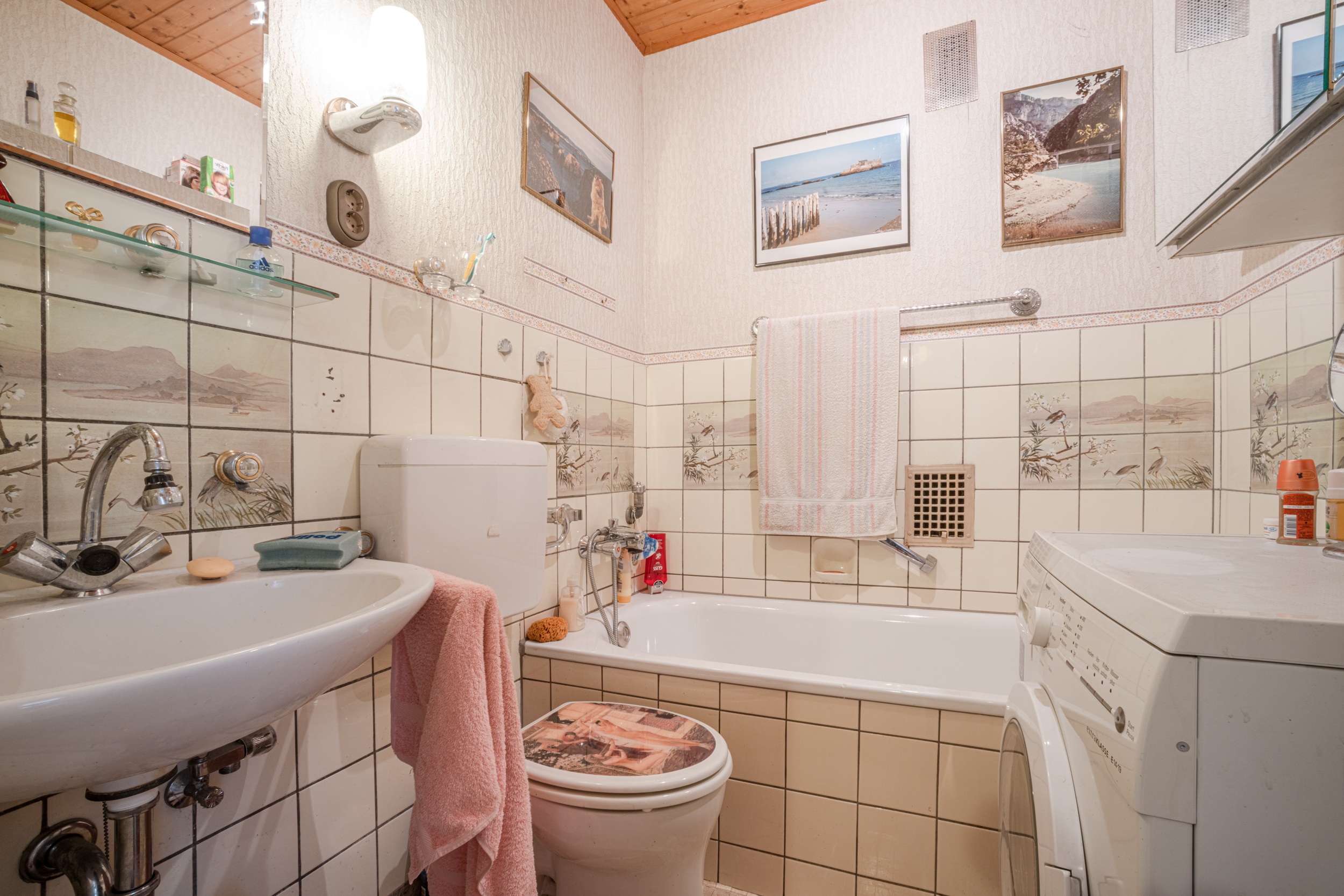 Kleines Badezimmer mit Waschbecken, Toilette, Badewanne, Waschmaschine und Wandfliesen mit Landschaftsmotiven.