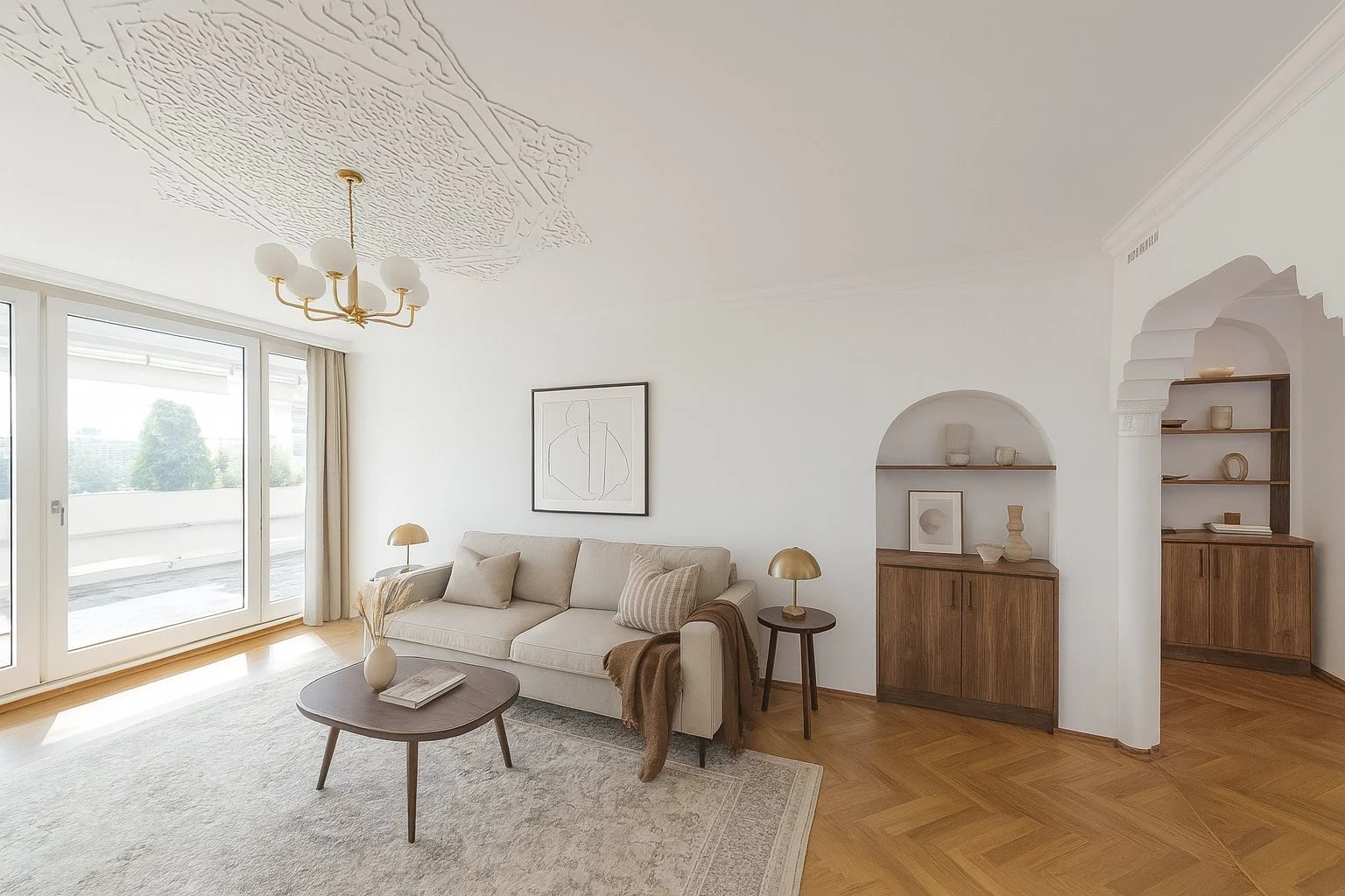 Helles Wohnzimmer mit Sofa, Couchtisch, Teppich, Regalen und großen Fenstern zur Terrasse.