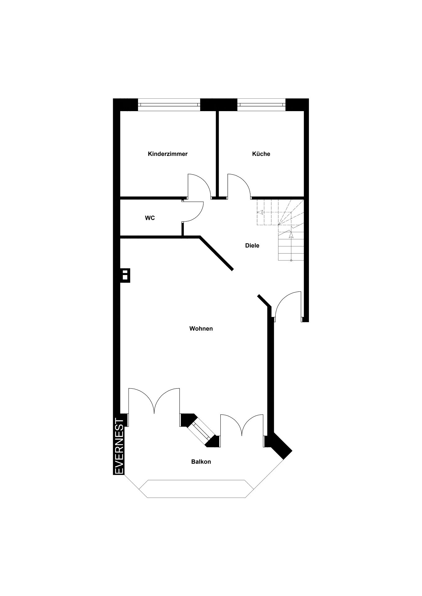 Grundriss mit Wohnzimmer, Küche, Kinderzimmer, WC, Diele und Balkon.