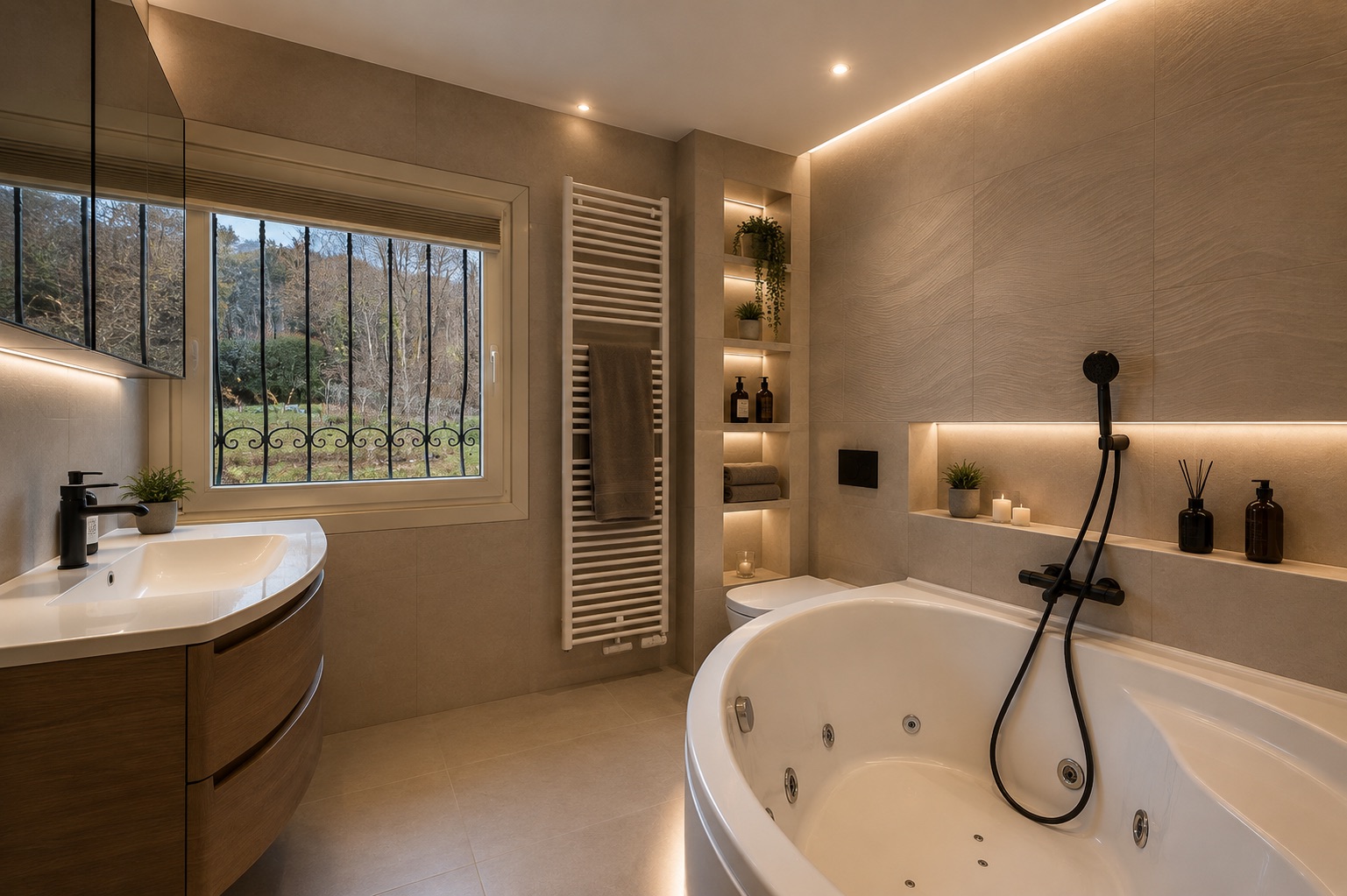 Modernes Badezimmer mit großer Rundbadewanne, Doppelwaschbecken, Regale und Fenster mit Blick nach draußen.