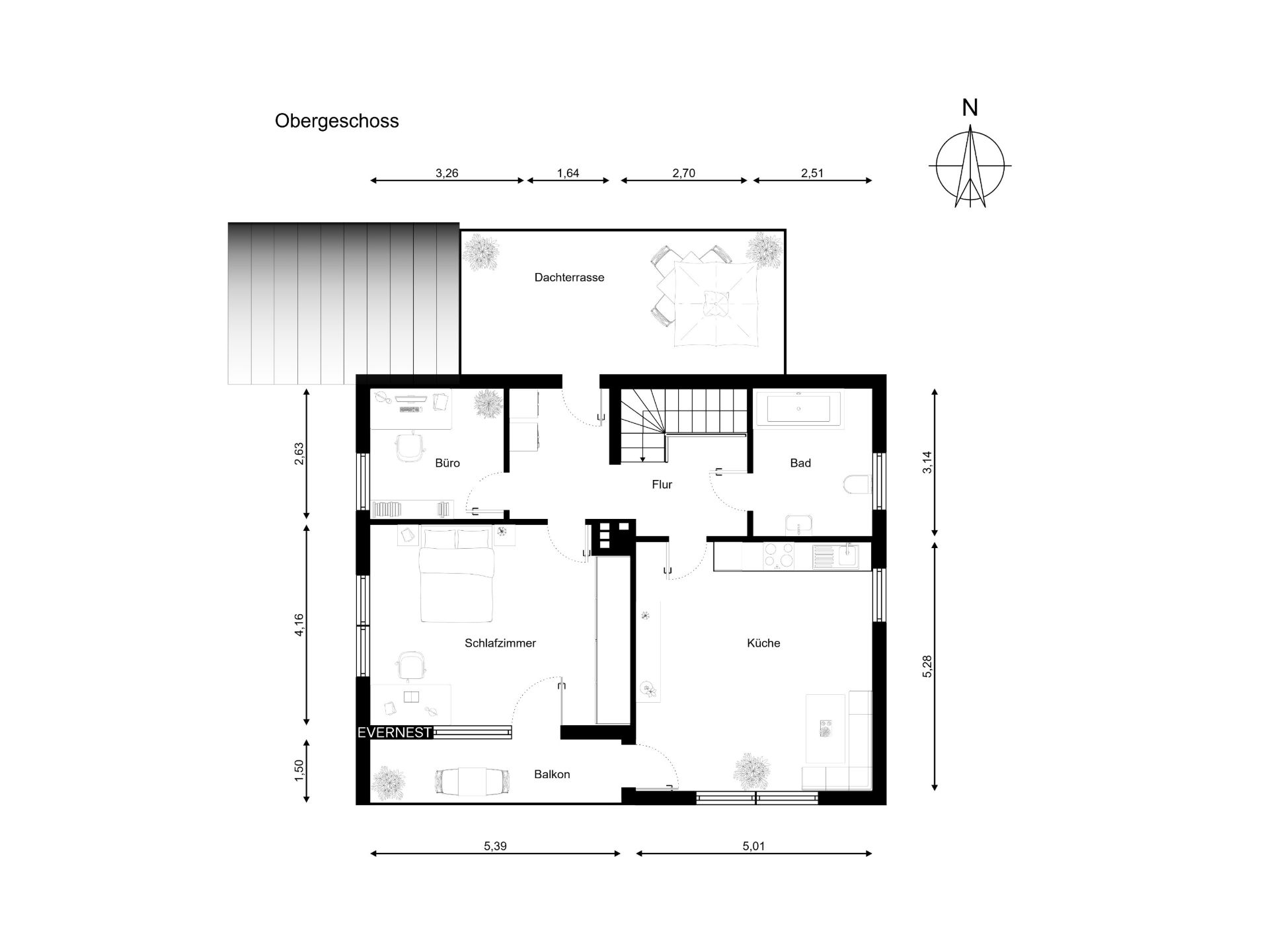 Grundriss des Obergeschosses mit Schlafzimmer, Büro, Küche, Bad, Flur, Balkon und Dachterrasse.