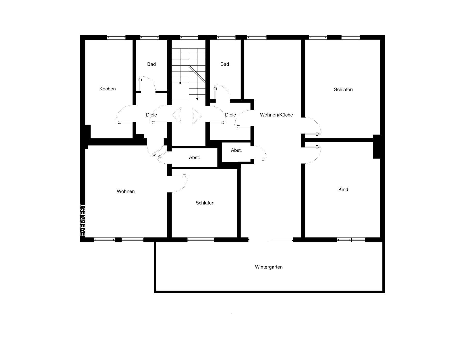 Grundriss mit mehreren Zimmern, zwei Bädern, Wintergarten und zentraler Diele.