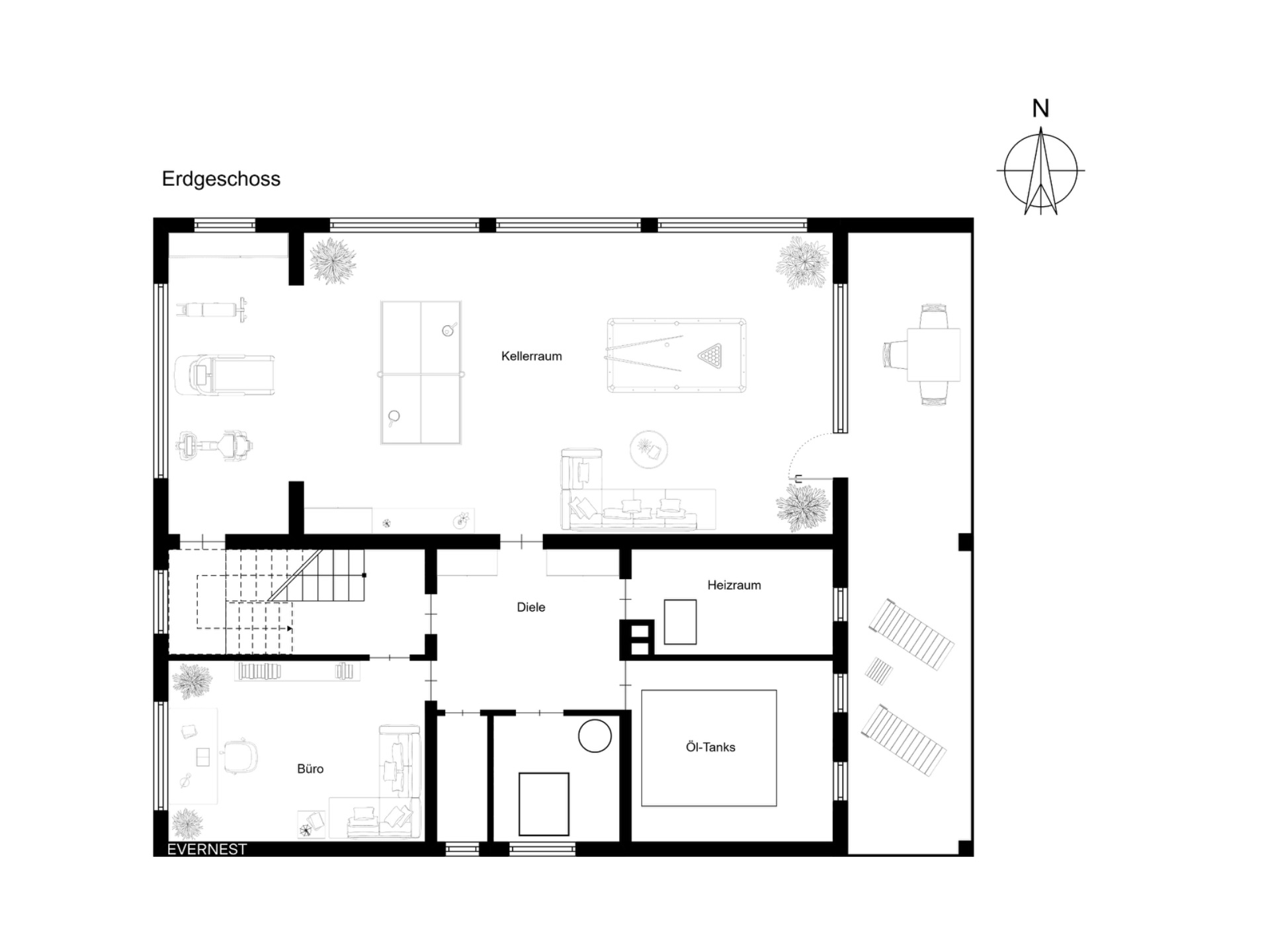 Grundriss des Erdgeschosses mit Kellerraum, Büro, Heizraum und Öltanks.