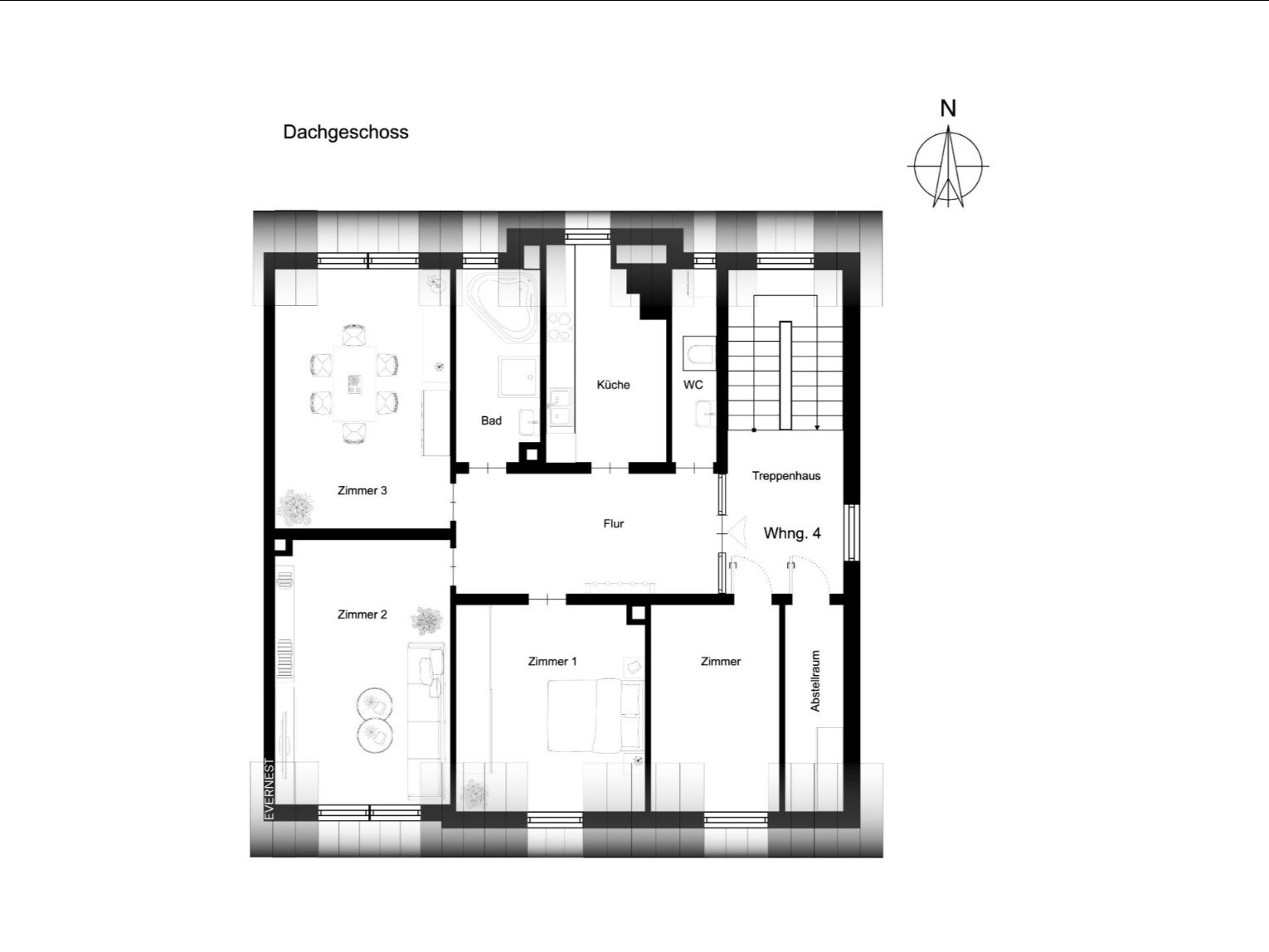 Grundriss einer Dachgeschosswohnung mit vier Zimmern, Küche, Bad, WC und Flur.
