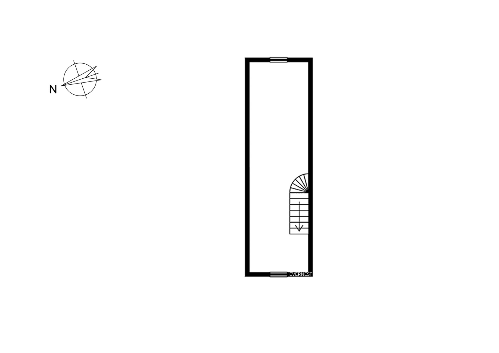 Grundriss eines rechteckigen Raumes mit einer Wendeltreppe an einer Seite.