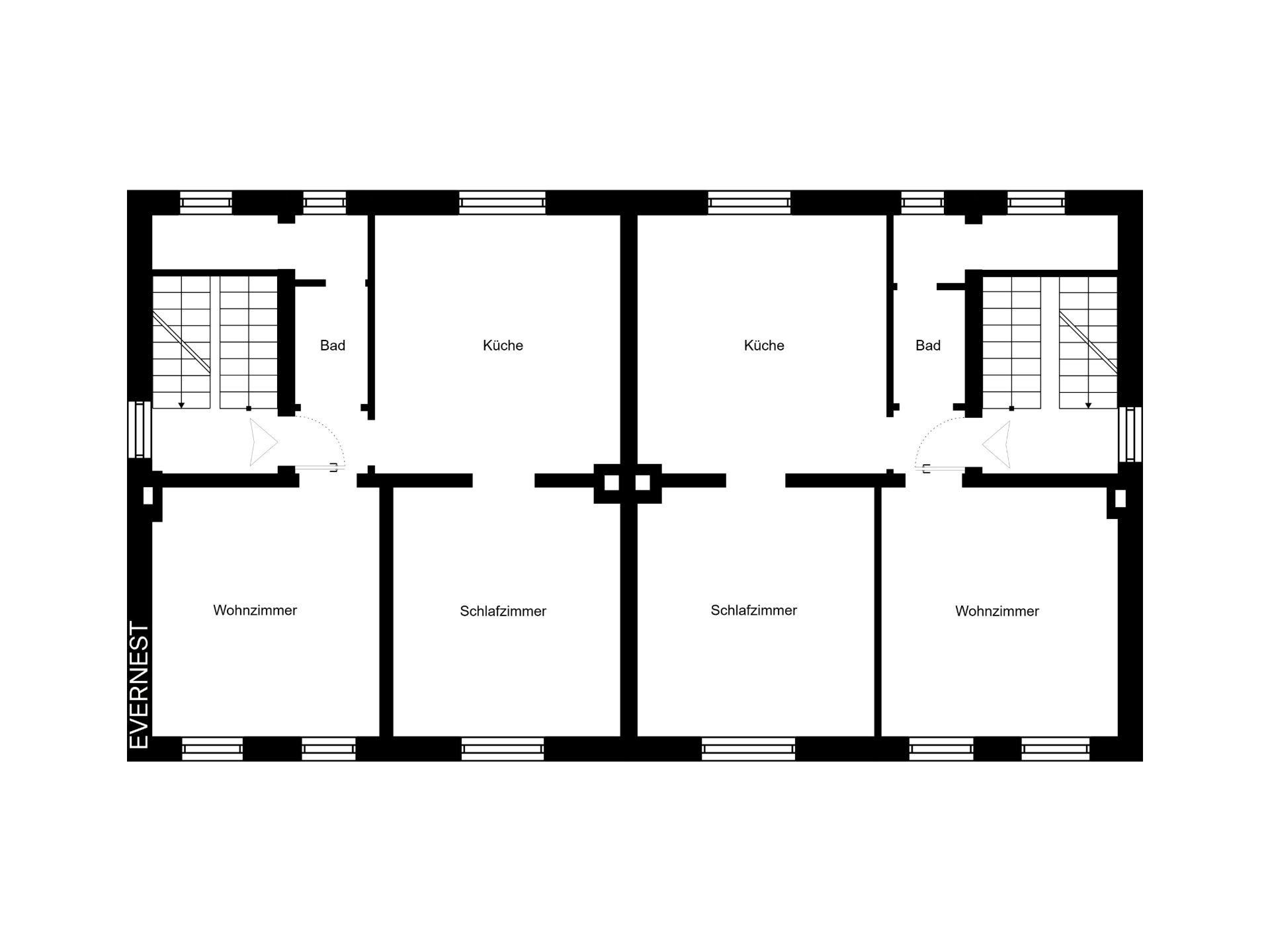 Grundriss mit zwei Wohnungen, jeweils mit Wohnzimmer, Schlafzimmer, Küche und Bad.