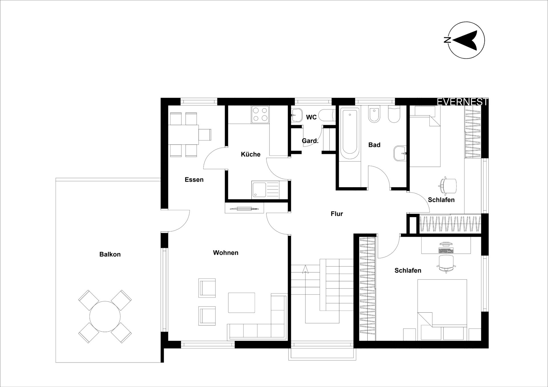 Grundriss einer Wohnung mit zwei Schlafzimmern, Wohnzimmer, Küche, Bad und Balkon.