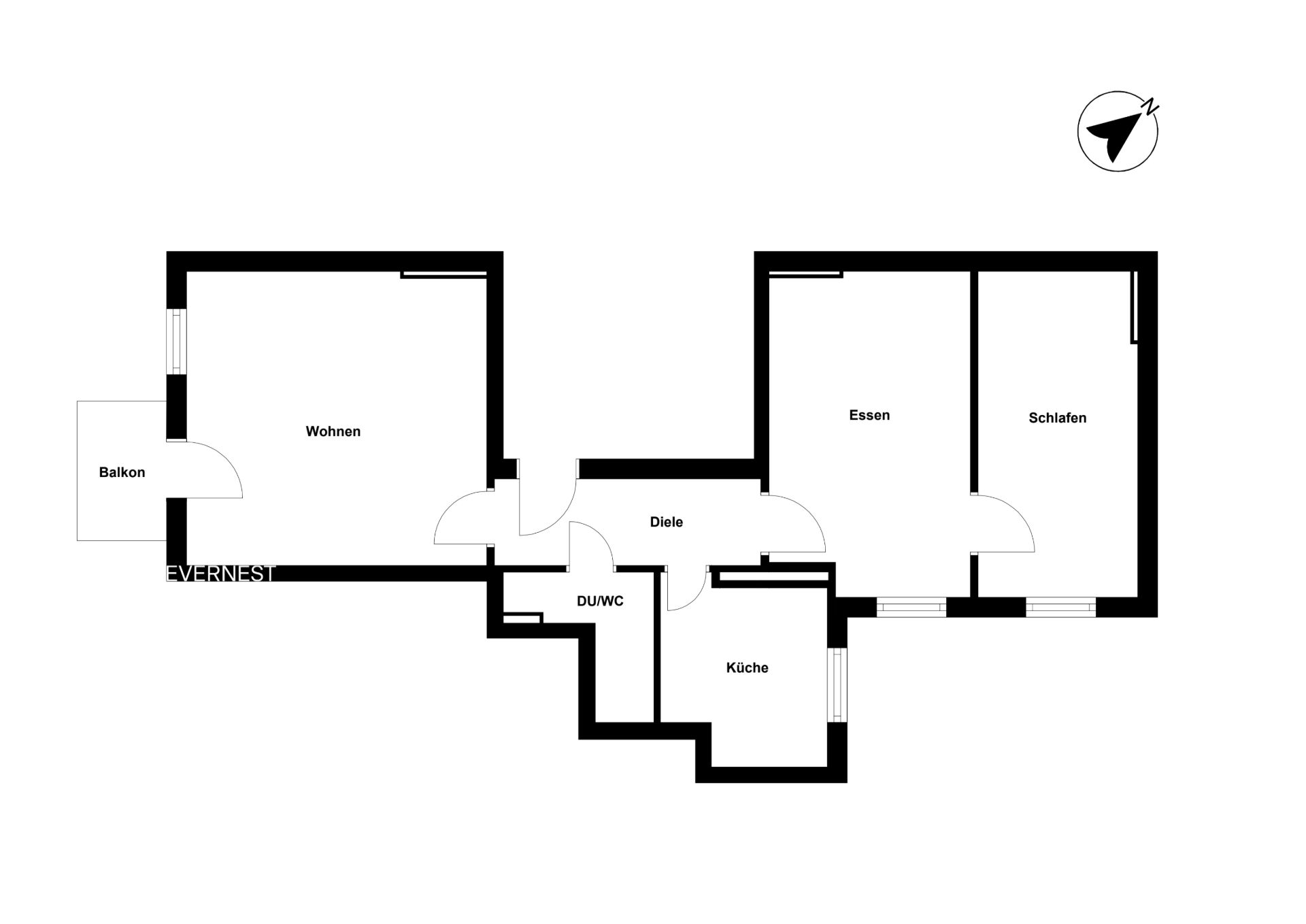 Grundriss einer Wohnung mit Wohnzimmer, Balkon, Küche, Bad, Esszimmer und Schlafzimmer.