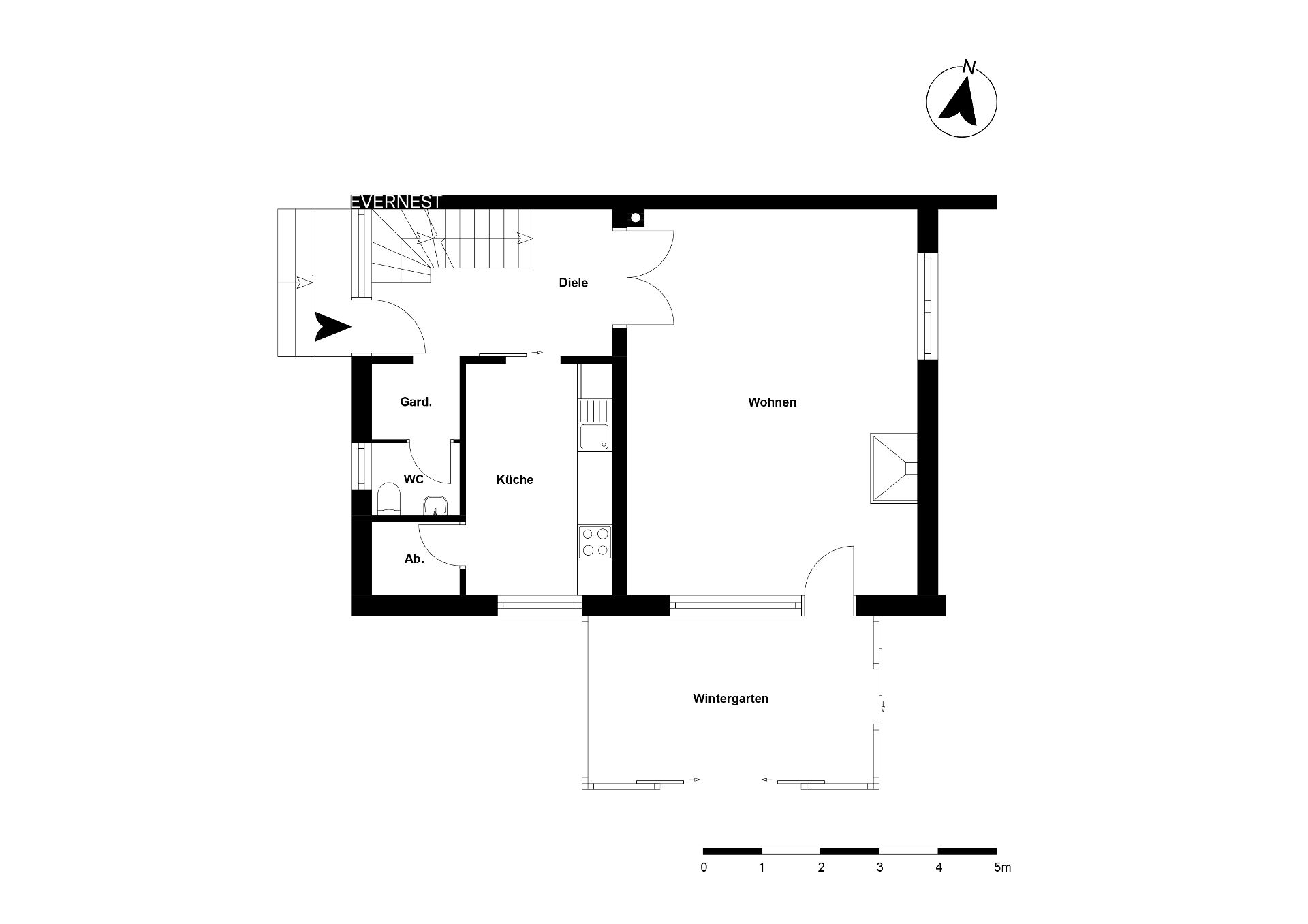 Grundriss einer Wohnung mit Diele, Küche, Wohnzimmer, WC, Garderobe, Abstellraum und Wintergarten.