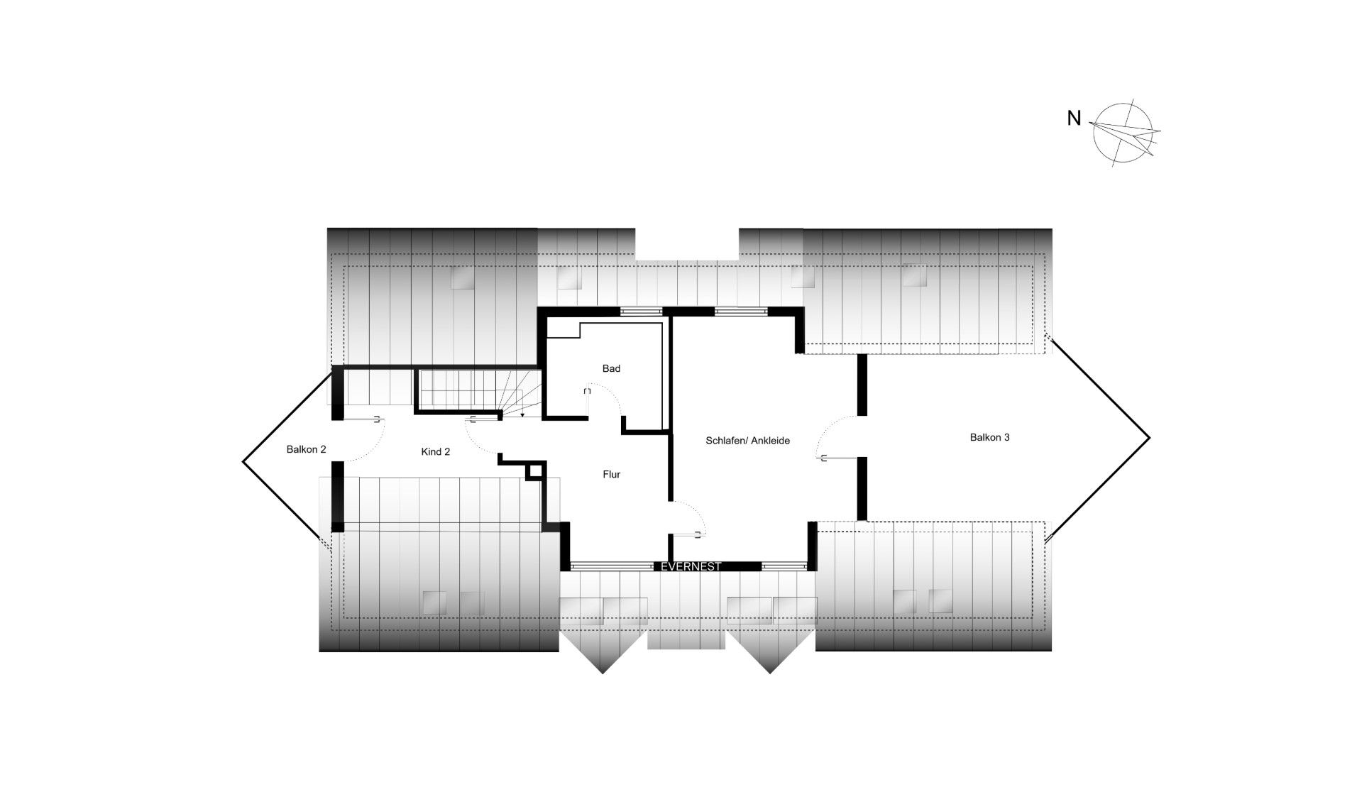 Grundriss mit Schlafzimmer, Bad, zwei Kinderzimmern und zwei Balkonen.