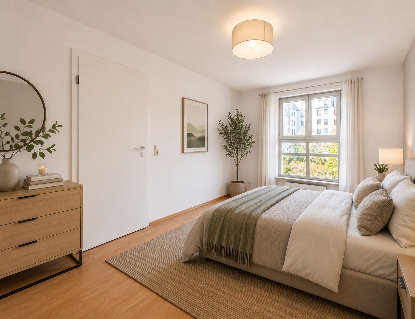 Helles Schlafzimmer mit Doppelbett, Holzkommode, Teppich und großem Fenster mit Vorhängen.