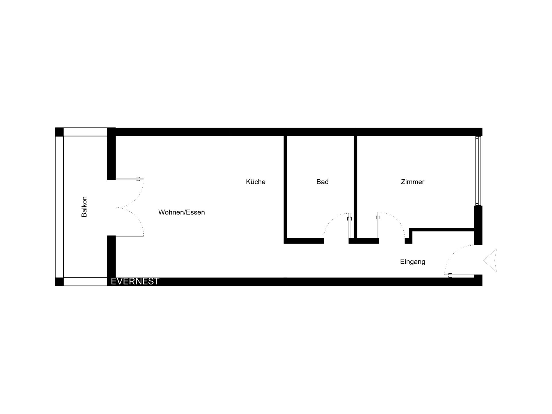 Grundriss einer Wohnung mit Balkon, Wohnzimmer, Küche, Bad, Zimmer und Eingang.