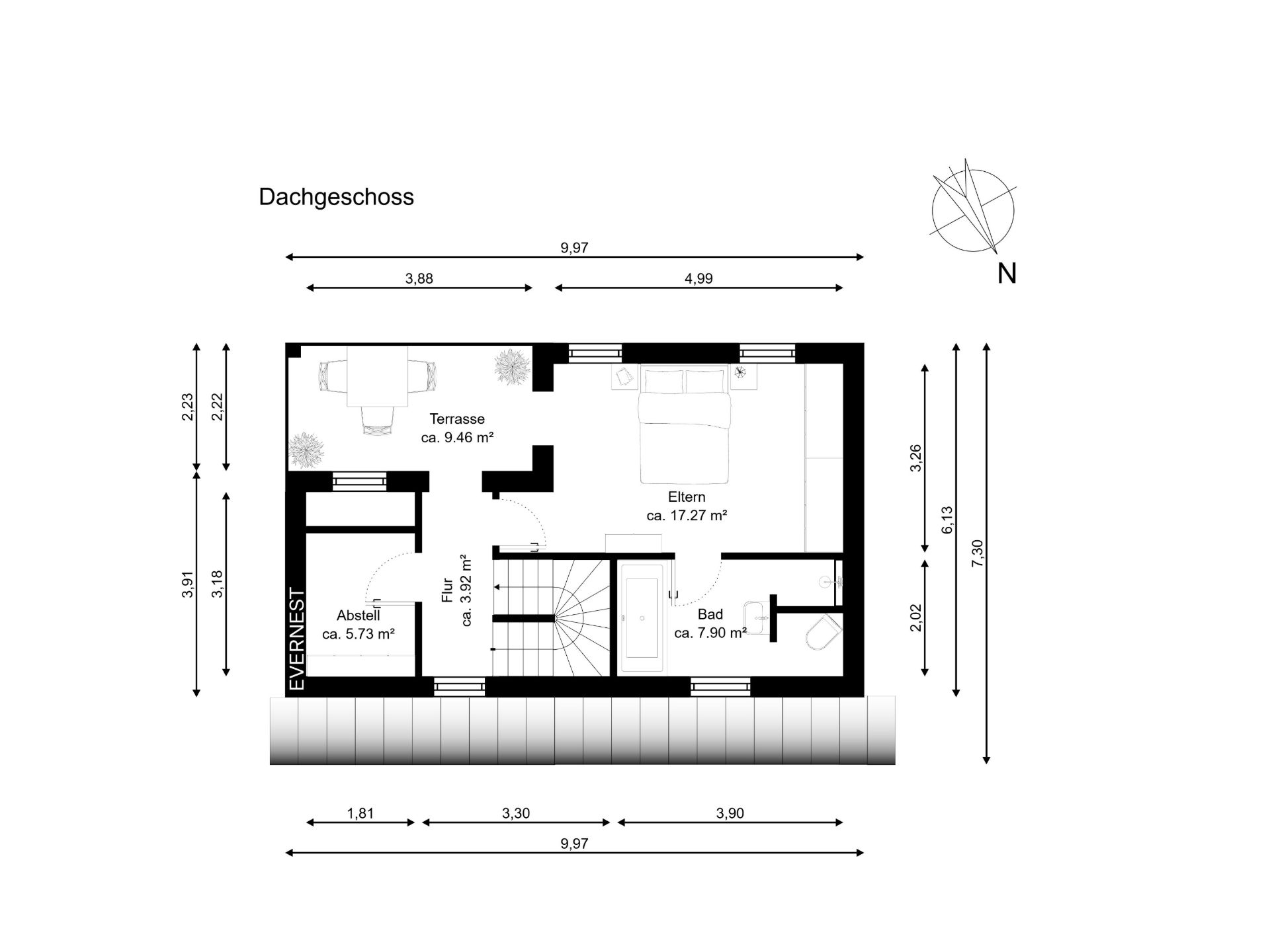 Grundriss eines Dachgeschosses mit Schlafzimmer, Bad, Abstellraum, Flur und Terrasse.