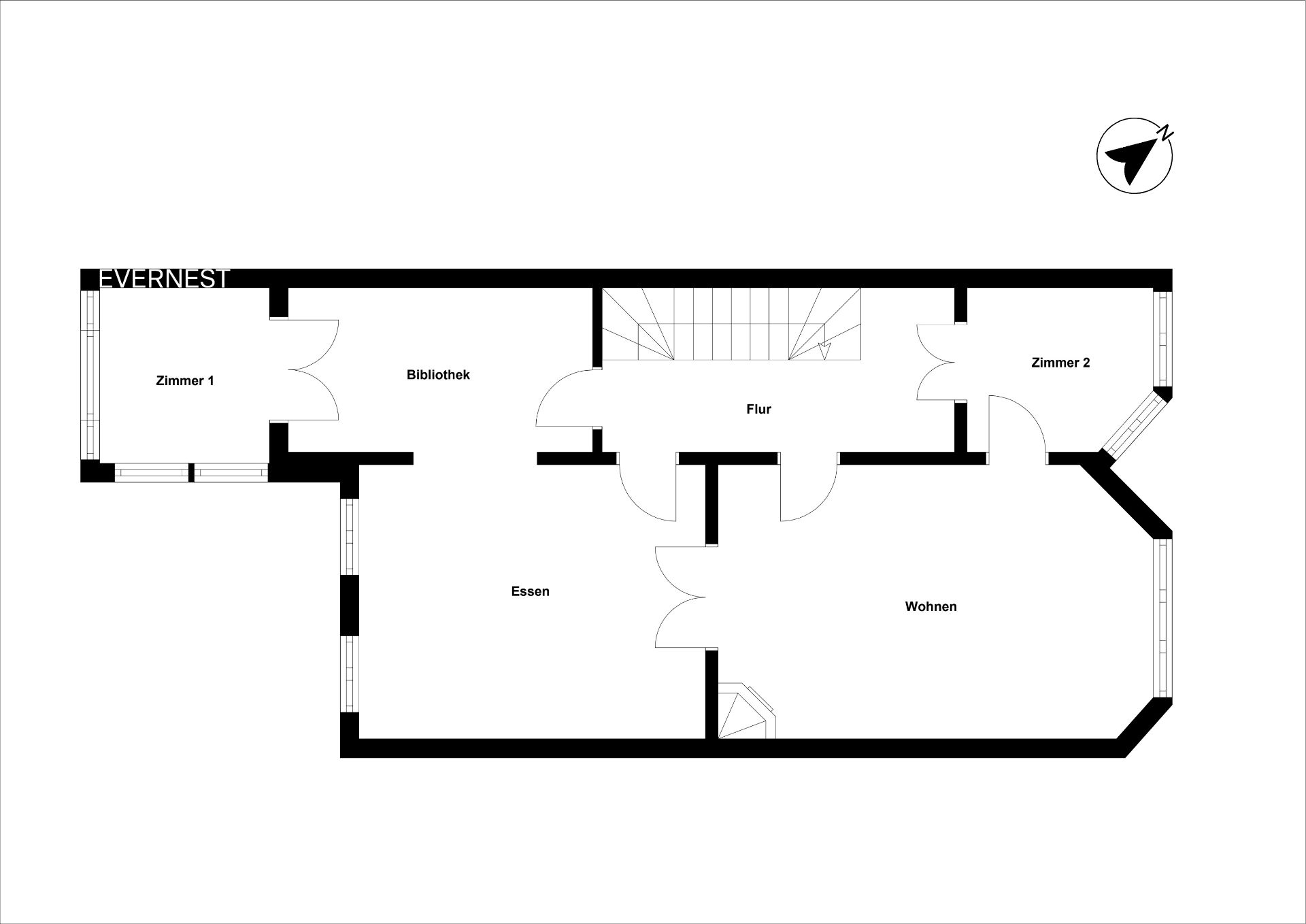 Grundriss mit Zimmer 1, Bibliothek, Essen, Wohnen, Flur und Zimmer 2.