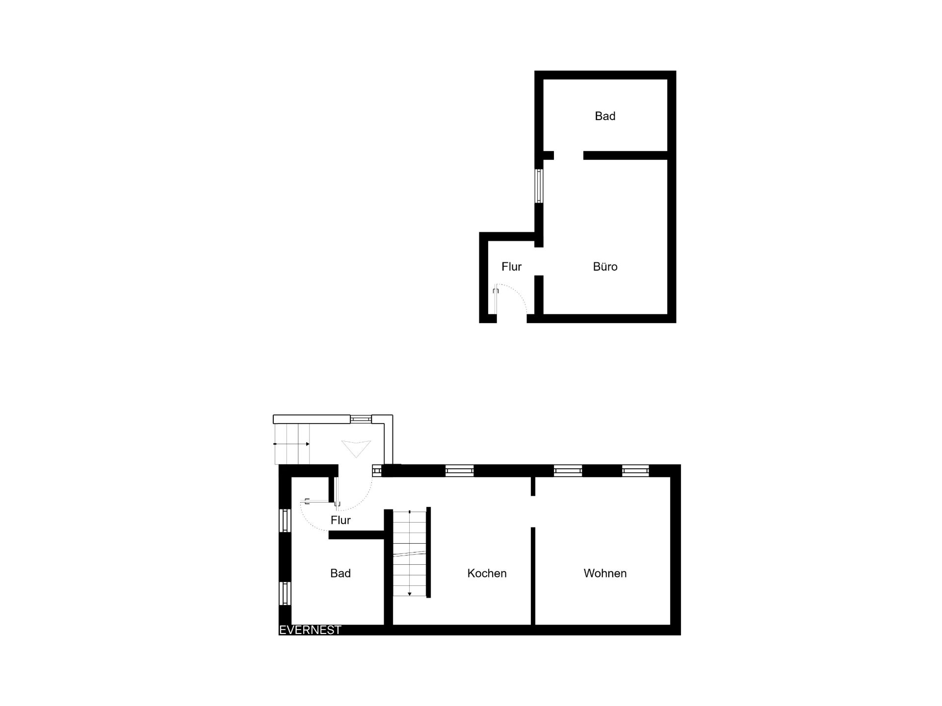 Grundriss mit zwei Etagen, jeweils mit Bad, Flur und zusätzlichen Räumen wie Büro, Kochen und Wohnen.