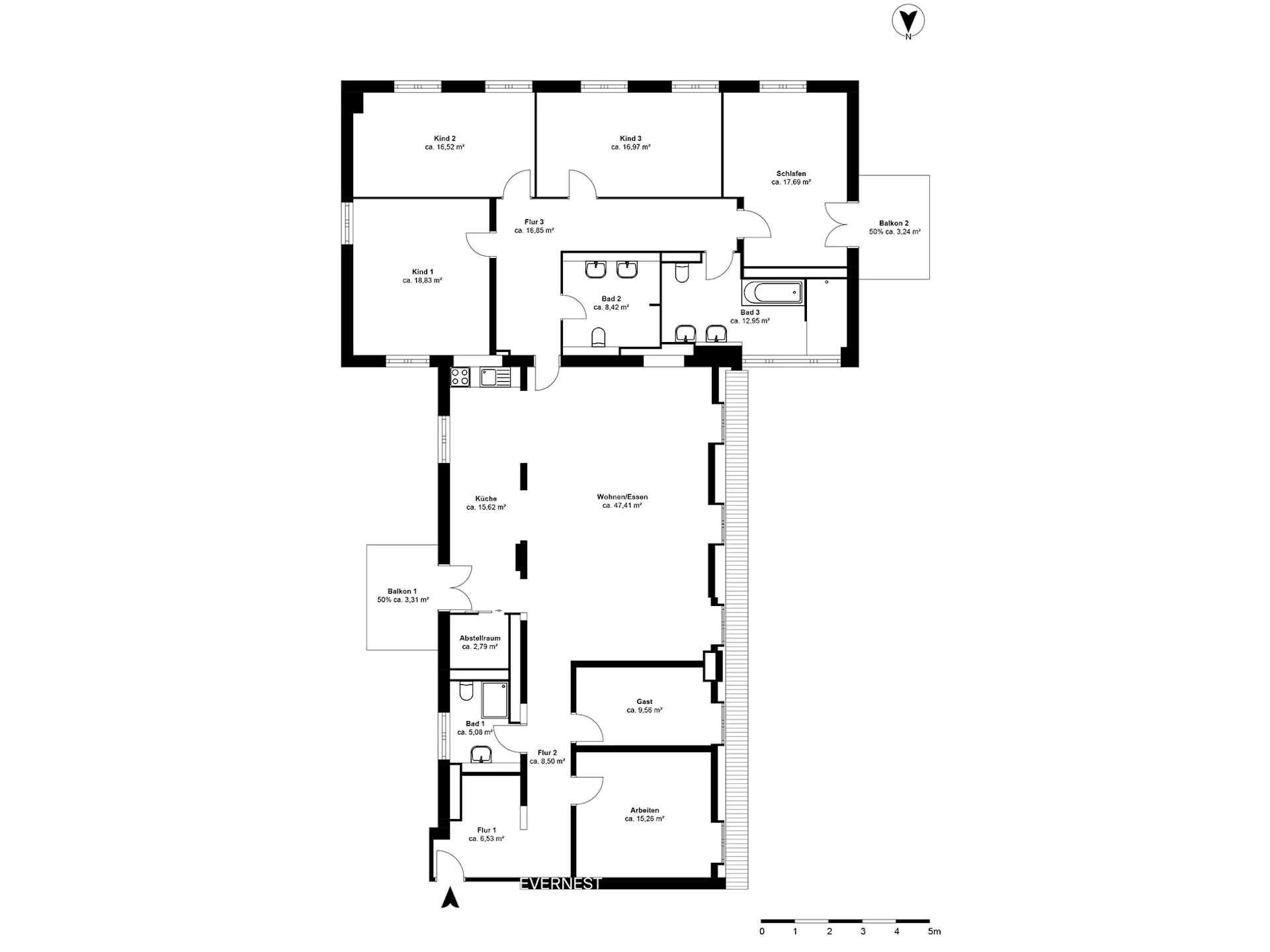 Grundriss einer Wohnung mit mehreren Zimmern, Küche, Bädern und zwei Balkonen.