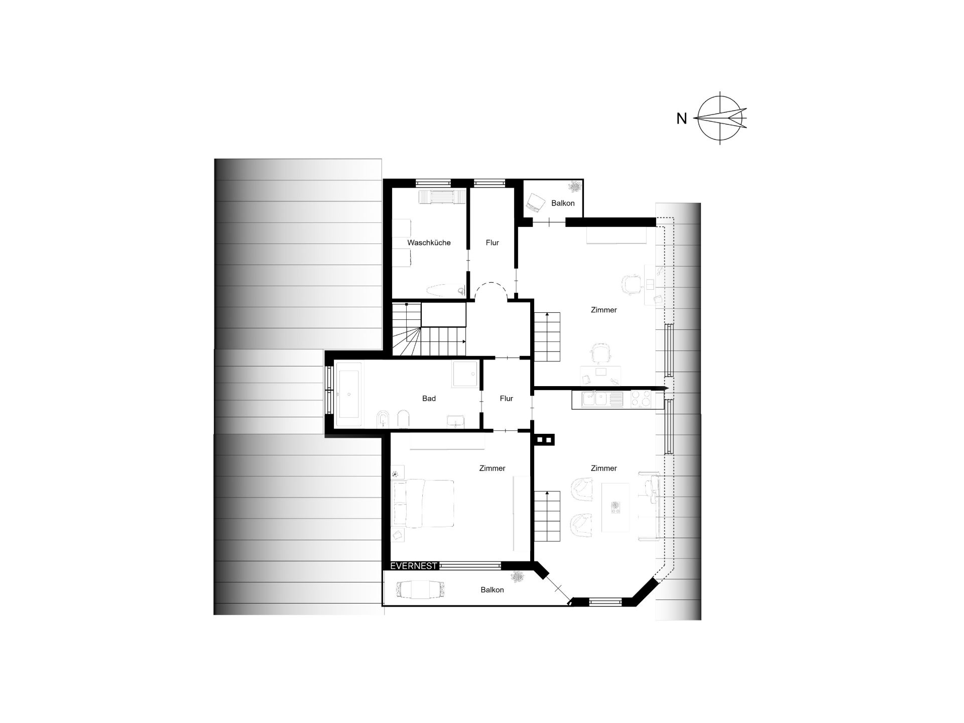 Grundriss einer Wohnung mit mehreren Zimmern, Bad, Waschraum und Balkonen.