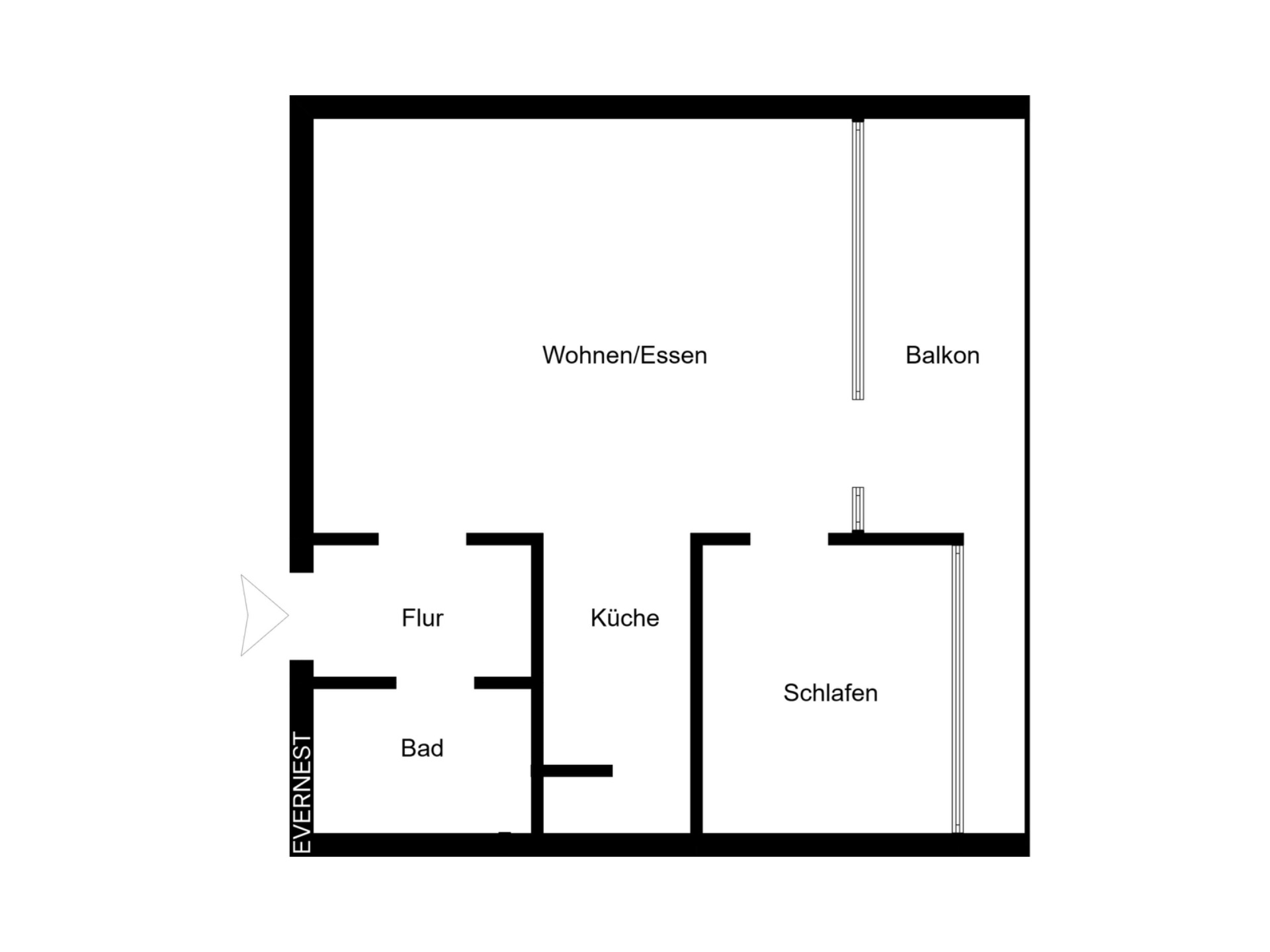 Grundriss einer Wohnung mit Wohnzimmer, Schlafzimmer, Küche, Bad, Flur und Balkon.