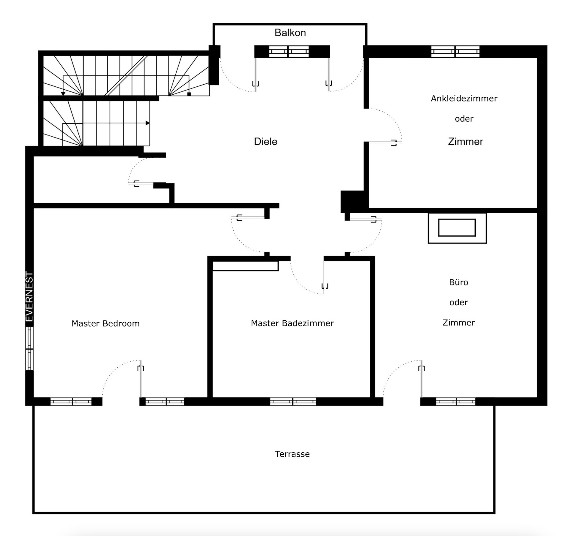Grundriss mit Schlafzimmer, Badezimmer, Ankleidezimmer, Büro, Diele, Balkon und Terrasse.
