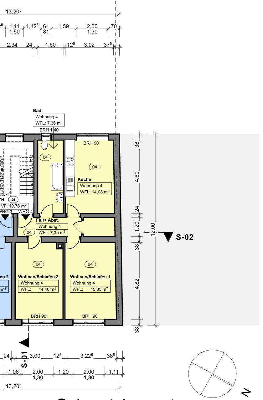 Grundriss einer Wohnung mit Bad, Küche, Flur und zwei Wohn-/Schlafzimmern.