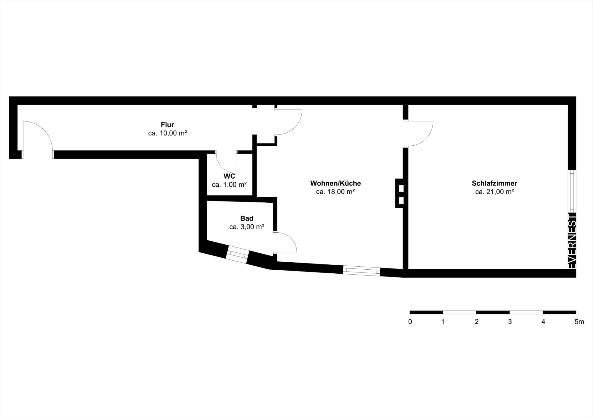 Grundriss einer Wohnung mit Flur, Wohnzimmer/Küche, Schlafzimmer, Bad und WC.