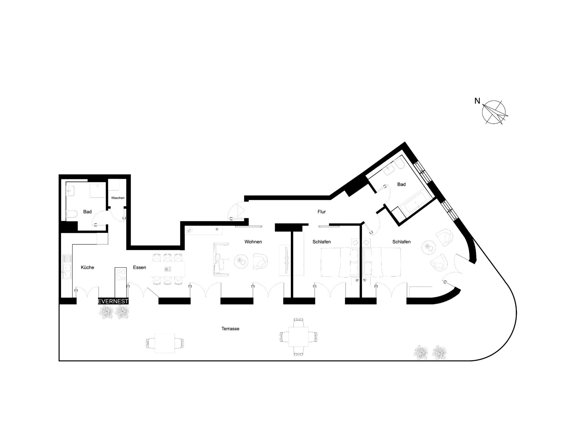 Grundriss einer Wohnung mit Küche, Bad, Schlafzimmern, Wohnzimmer und großer Terrasse.