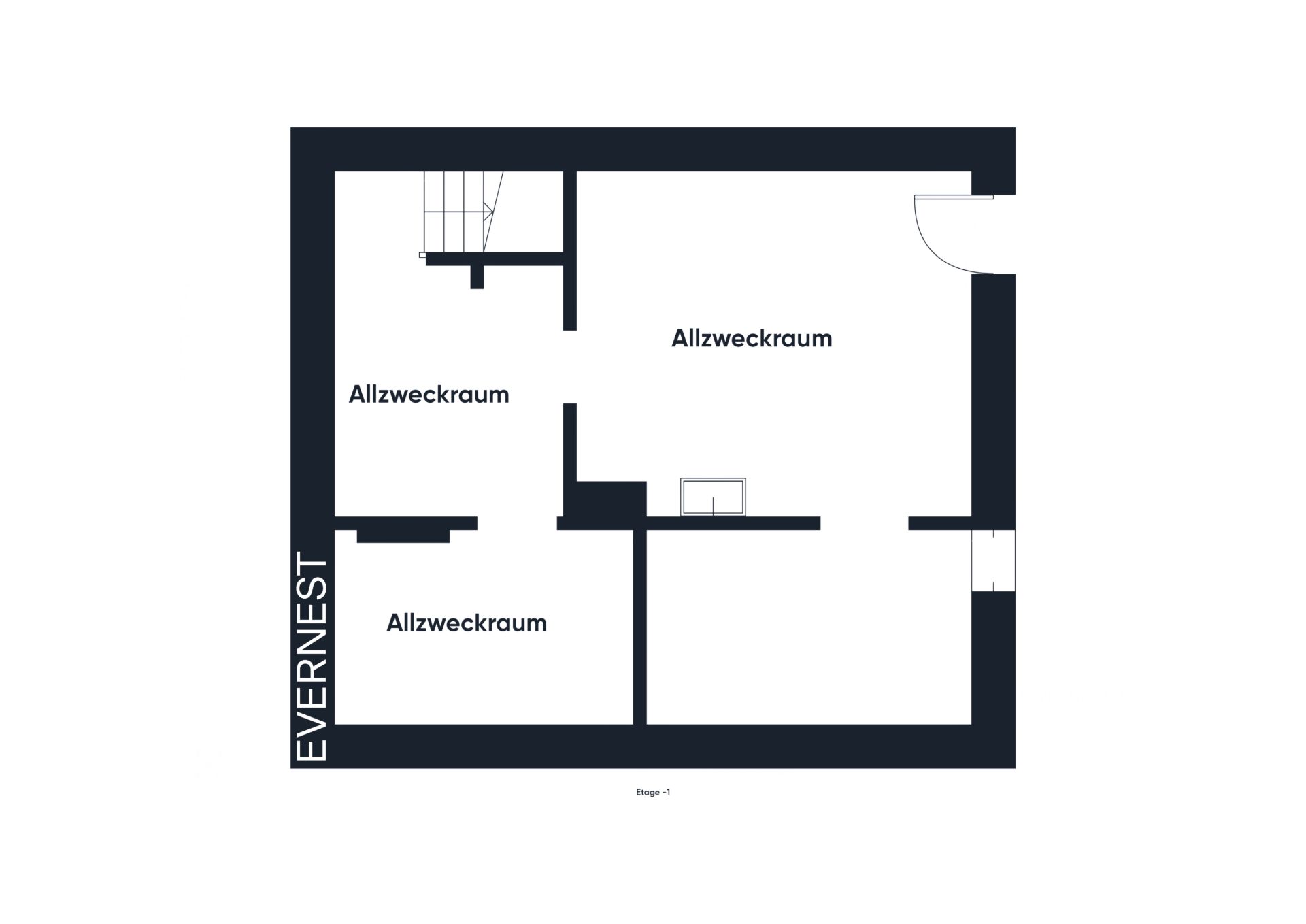 Grundriss mit drei als Allzweckraum gekennzeichneten Räumen und zwei Türen.