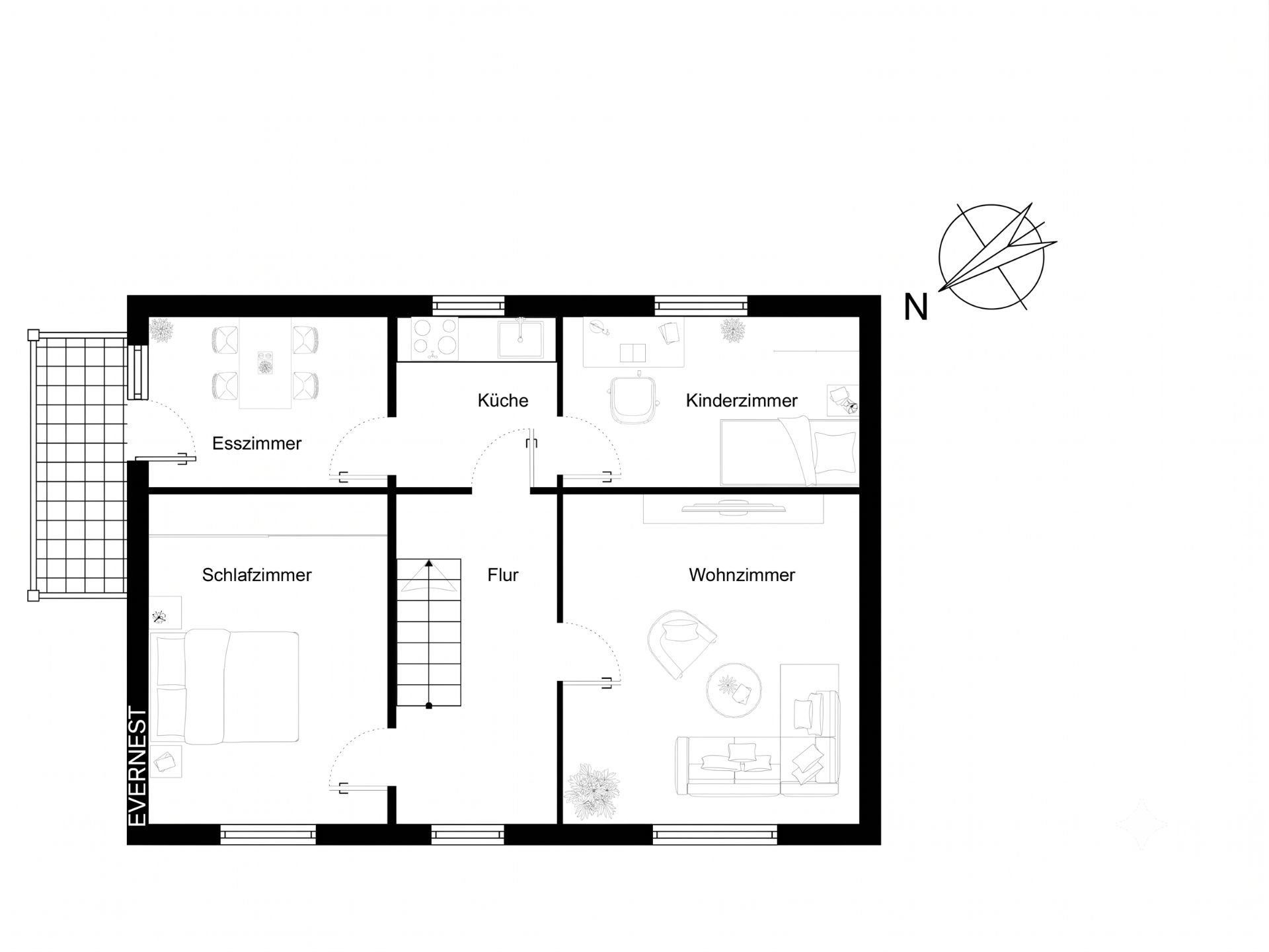 Grundriss mit Schlafzimmer, Esszimmer, Küche, Kinderzimmer, Wohnzimmer und Flur.
