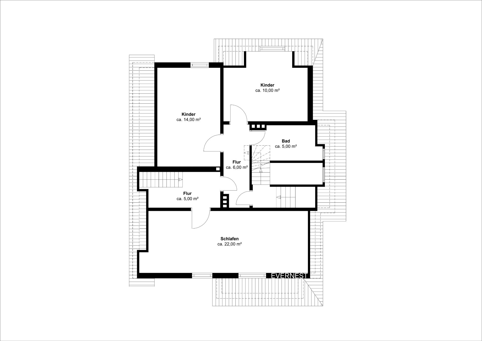 Grundriss mit zwei Kinderzimmern, Schlafzimmer, Bad und Flur.
