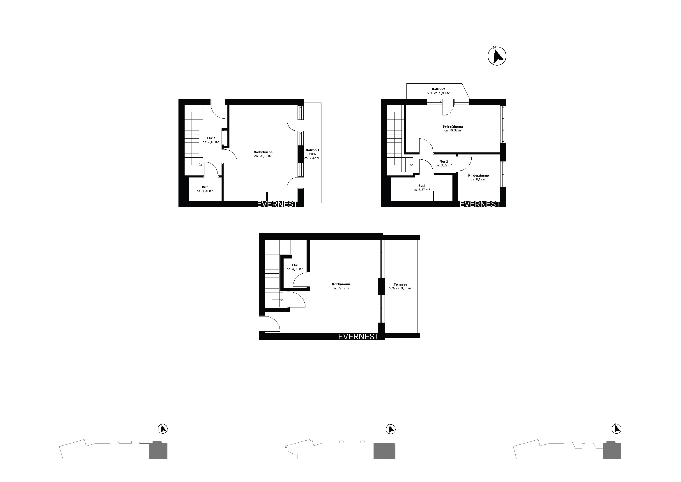 Grundriss eines Wohnhauses mit drei Etagen, Zimmern, Balkonen und Terrasse.