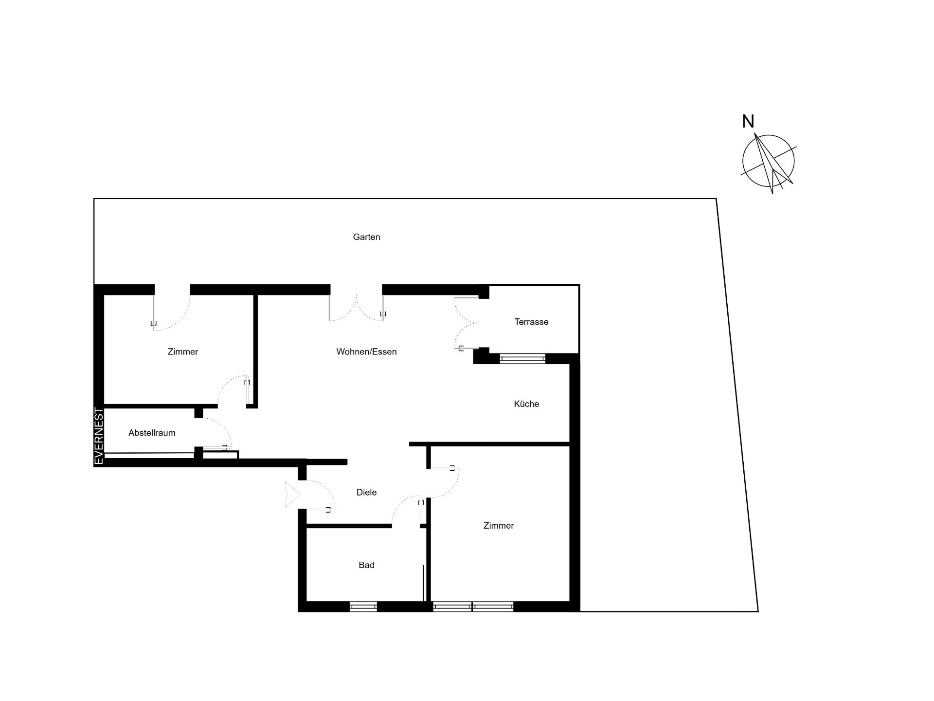 Grundriss eines Hauses mit zwei Zimmern, Wohnzimmer, Küche, Bad, Abstellraum, Terrasse und Garten.