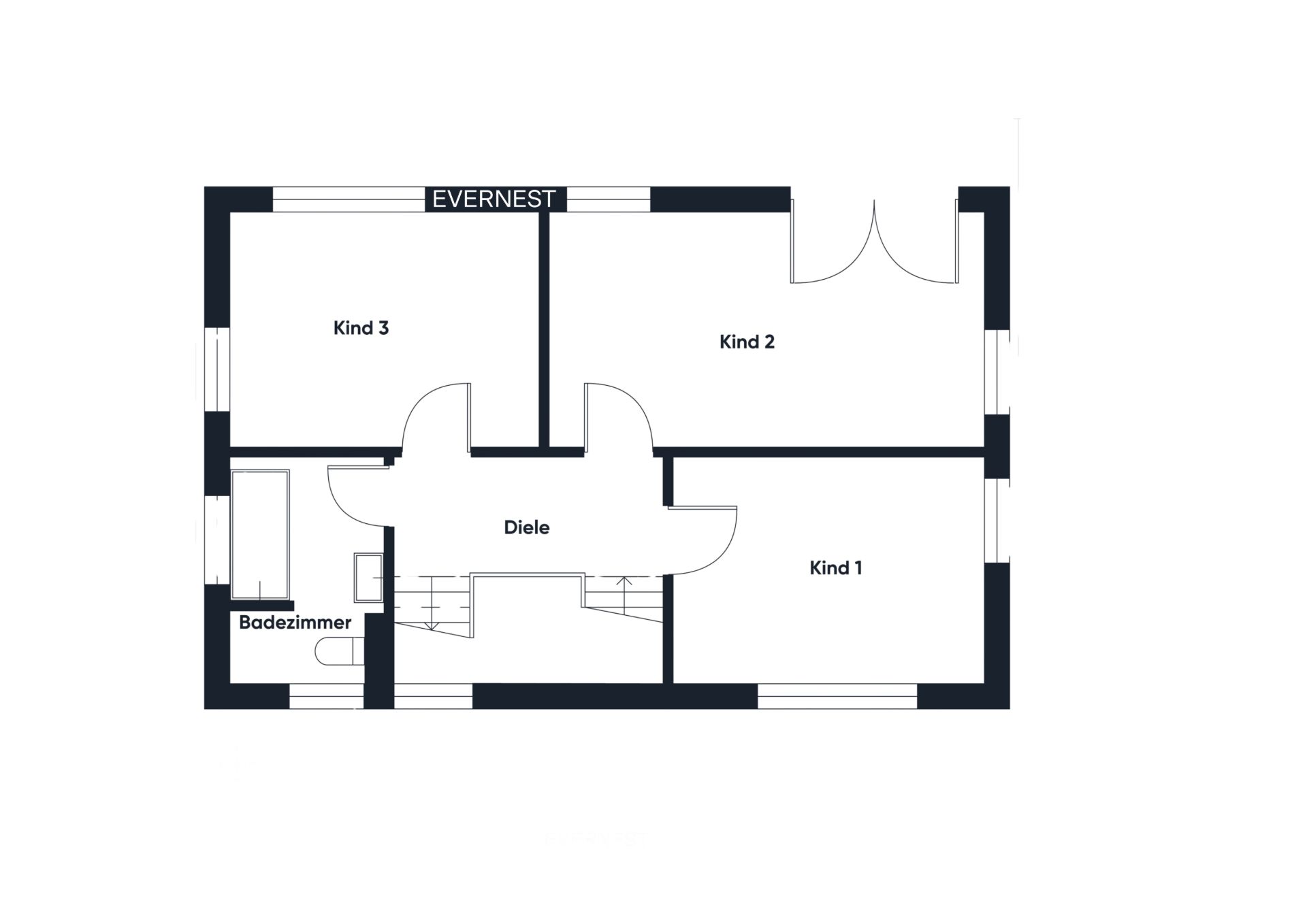Grundriss mit Diele, Badezimmer und drei Kinderzimmern.