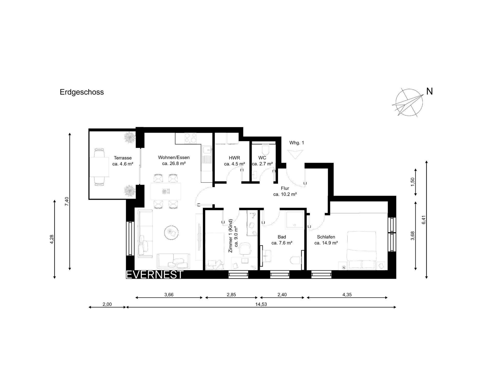 Grundriss einer Wohnung mit Schlafzimmer, Wohnzimmer, Bad, Küche, Flur und Terrasse.
