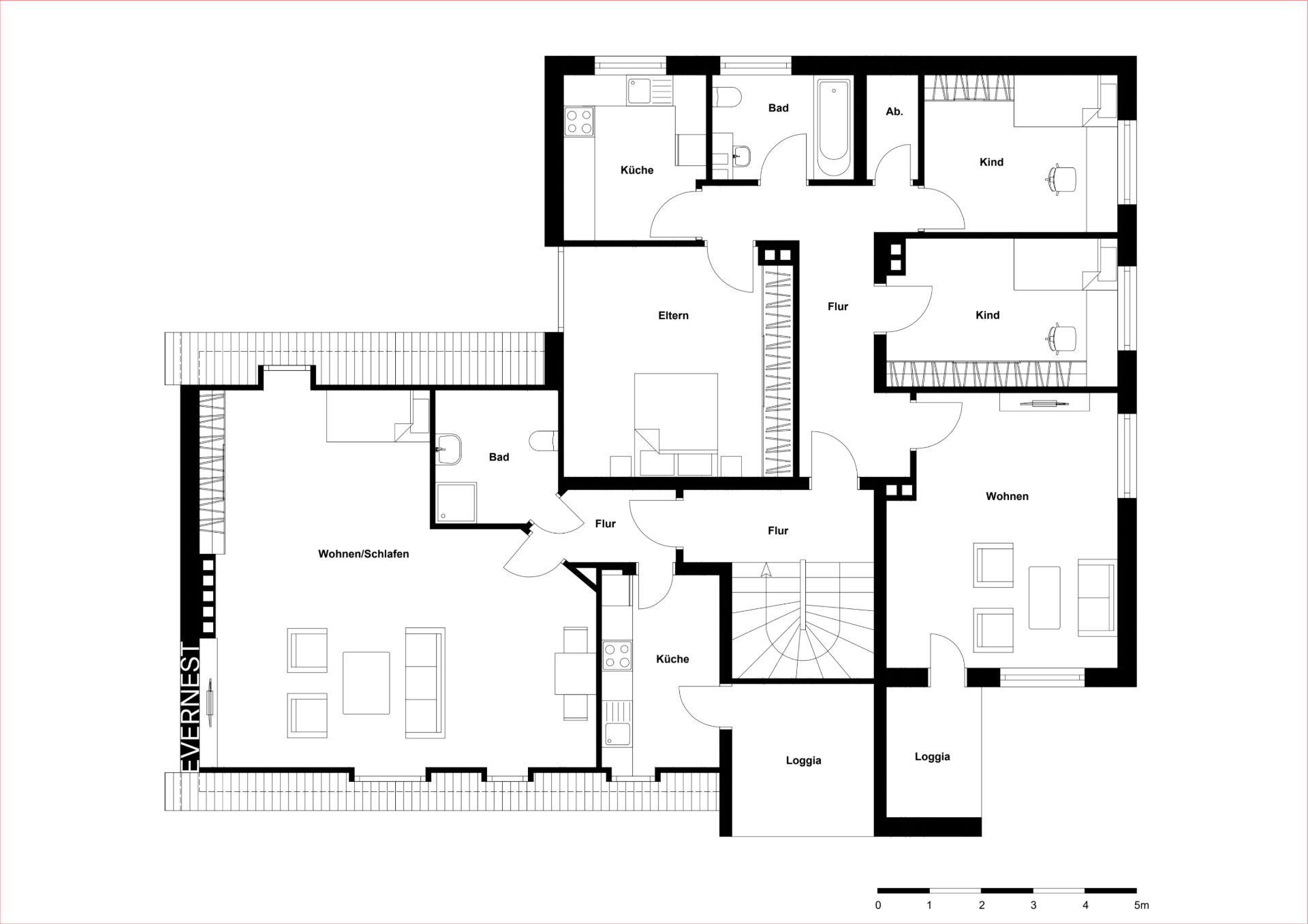 Grundriss einer Wohnung mit Küche, Wohnzimmer, zwei Kinderzimmern, Schlafzimmer und Bädern.