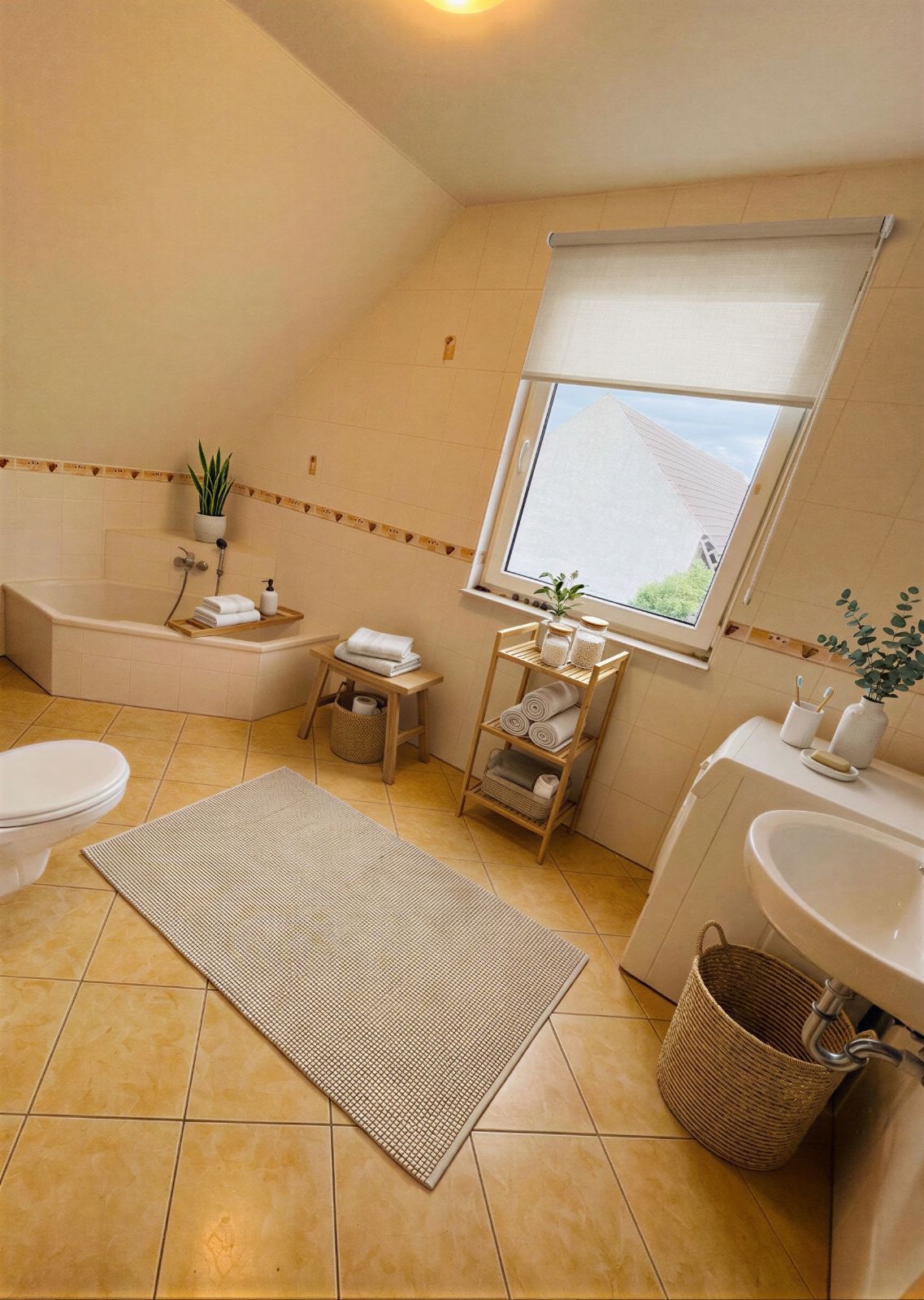 Helles Badezimmer mit Badewanne, Waschbecken, Toilette, Regal, Fenster und Pflanzen.