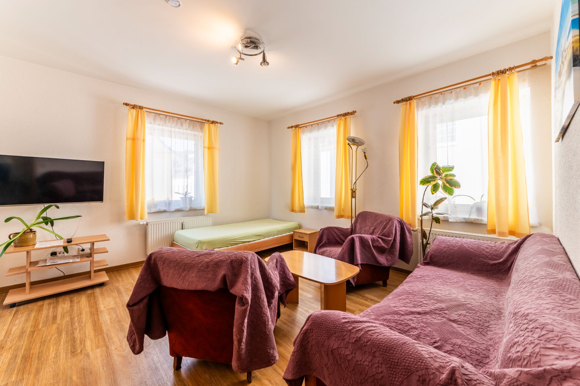 Helles Wohnzimmer mit zwei Sofas, Sessel, Couchtisch, TV, Pflanzen und gelben Vorhängen.